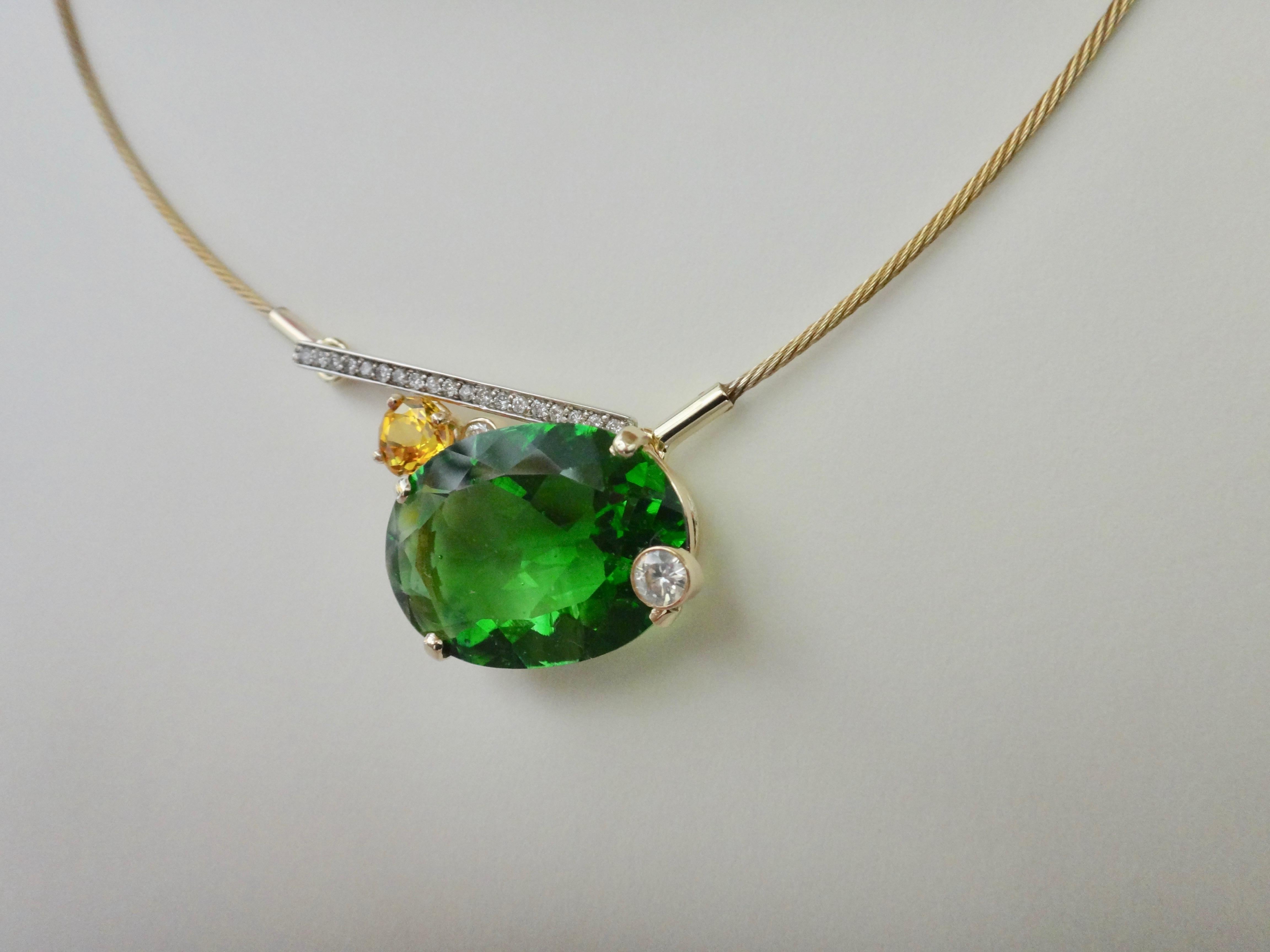 Michael Kneebone Green Moldavite Yellow Sapphire Diamond Necklace In New Condition In Austin, TX