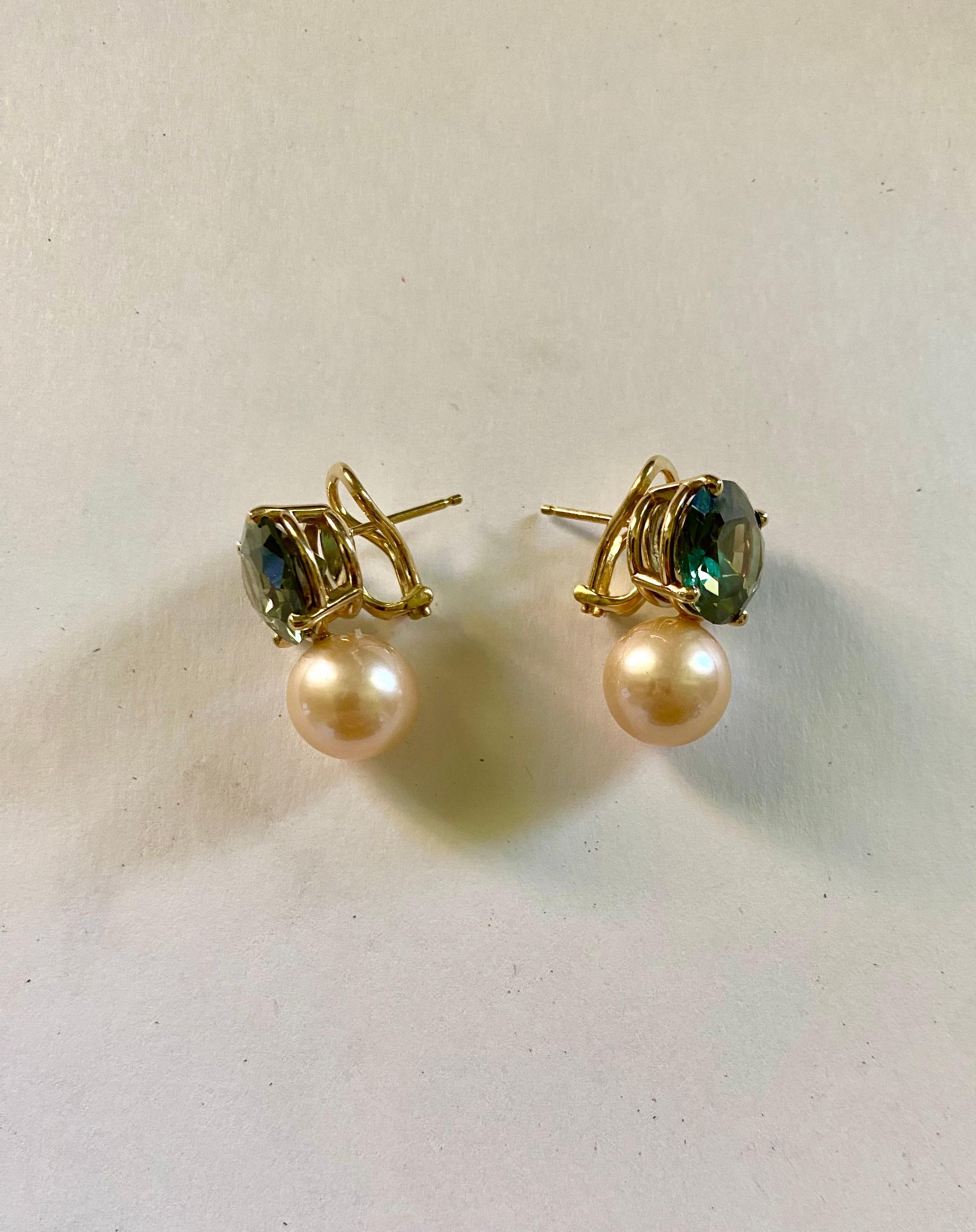 Michael Kneebone Green Sapphire Golden South Seas Pearl Due Gemme Drop Earrings 4