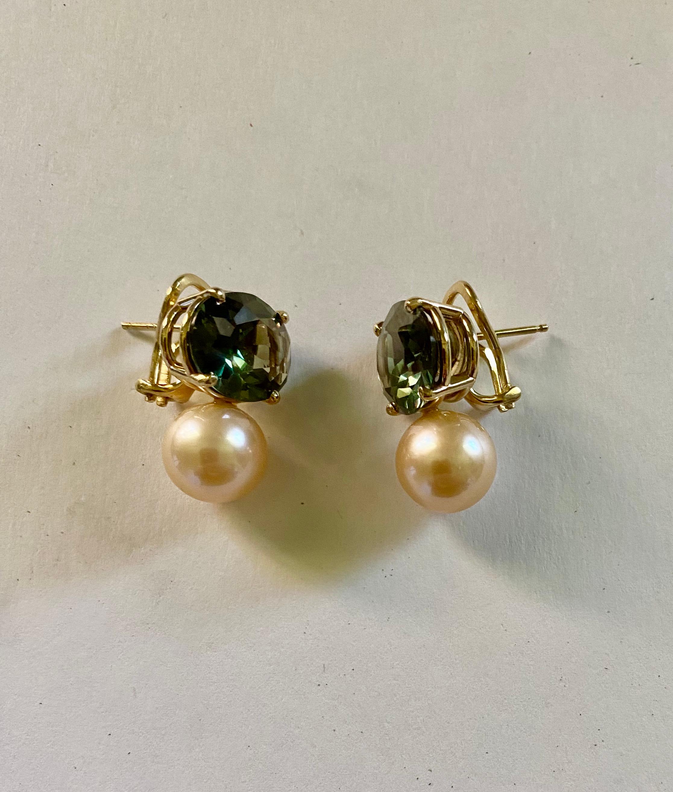 Michael Kneebone Green Sapphire Golden South Seas Pearl Due Gemme Drop Earrings 2