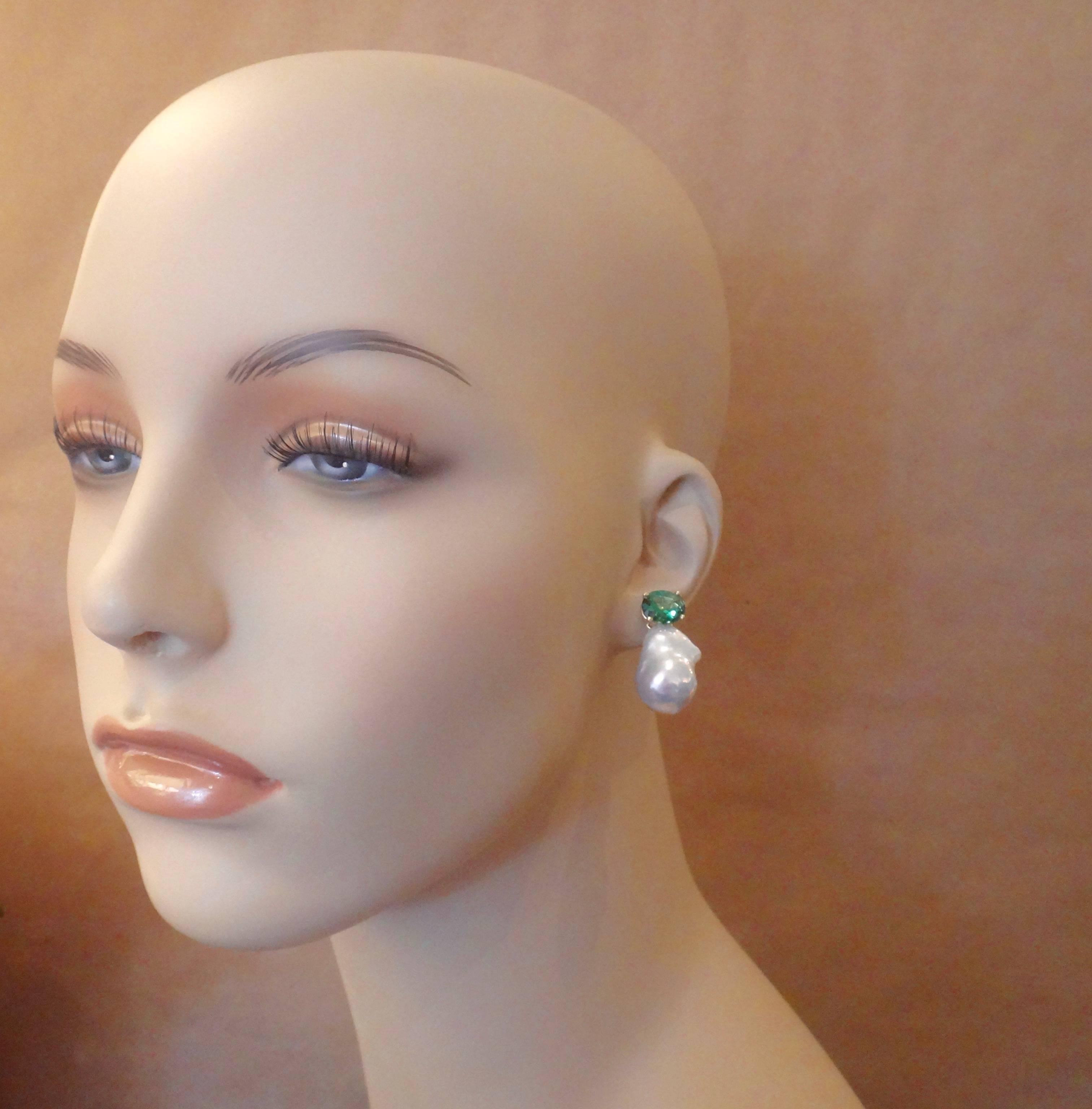 Michael Kneebone Green Topaz Baroque South Seas Pearl Earrings For Sale 1