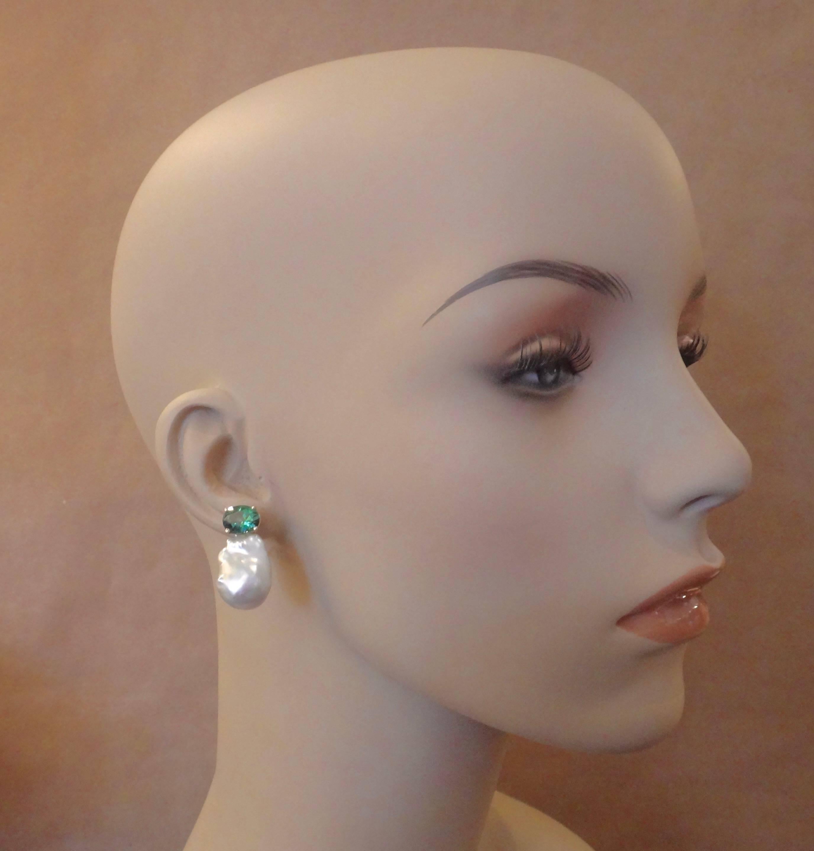 Michael Kneebone Green Topaz Baroque South Seas Pearl Earrings For Sale 2
