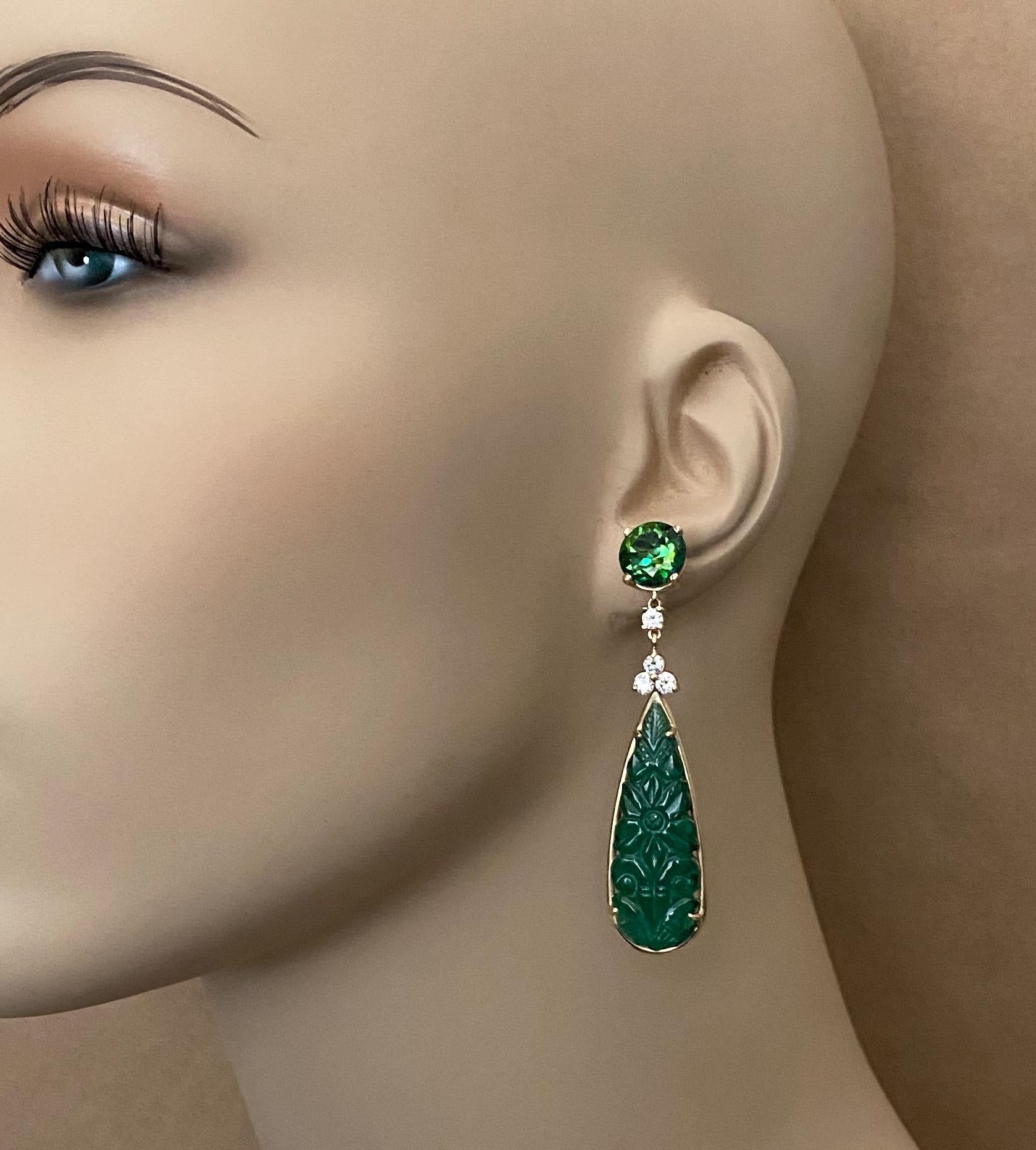 Michael Kneebone Boucles d'oreilles pendantes en topaze verte, diamant et onyx vert en vente 4