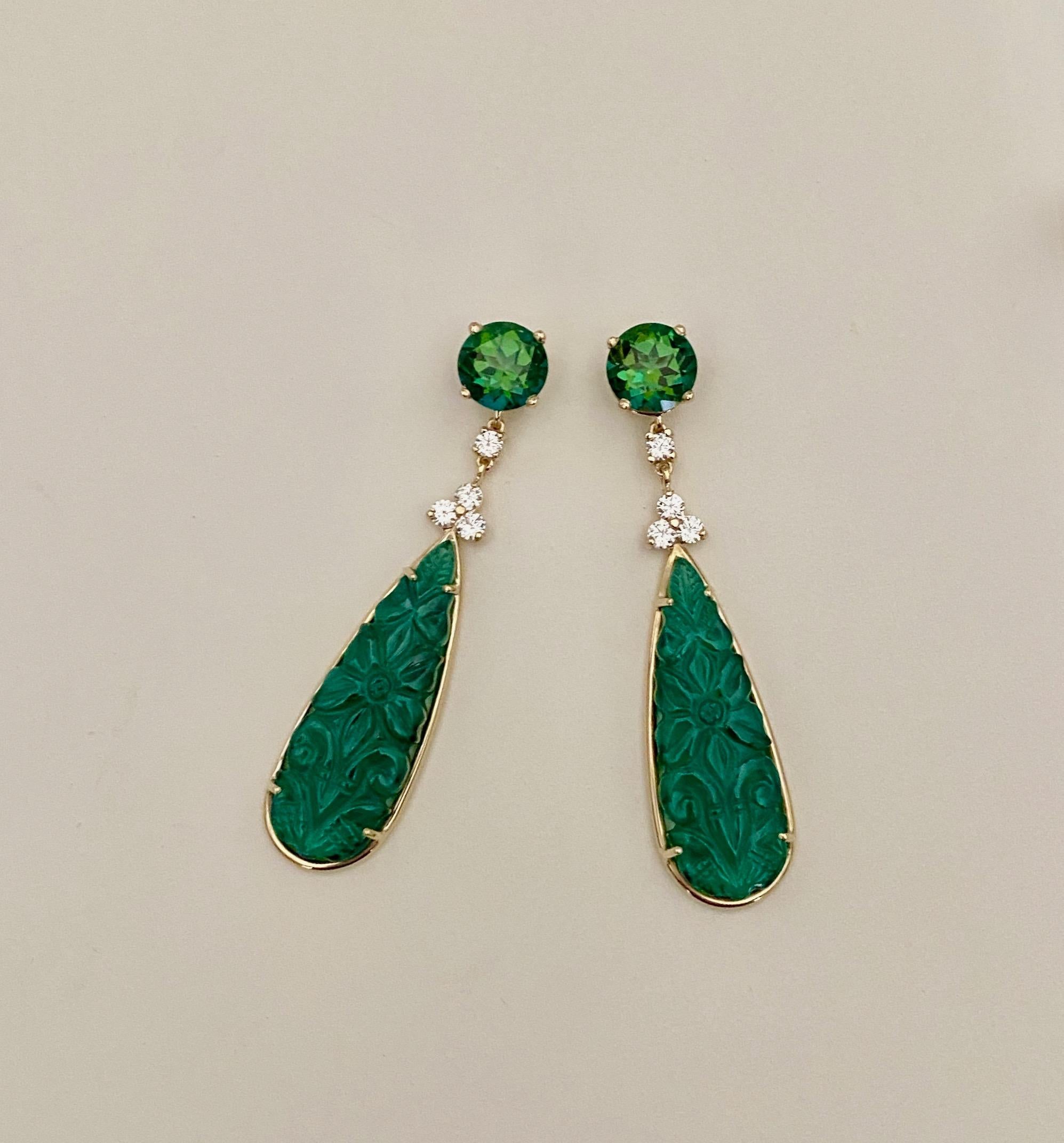Michael Kneebone Boucles d'oreilles pendantes en topaze verte, diamant et onyx vert Neuf - En vente à Austin, TX
