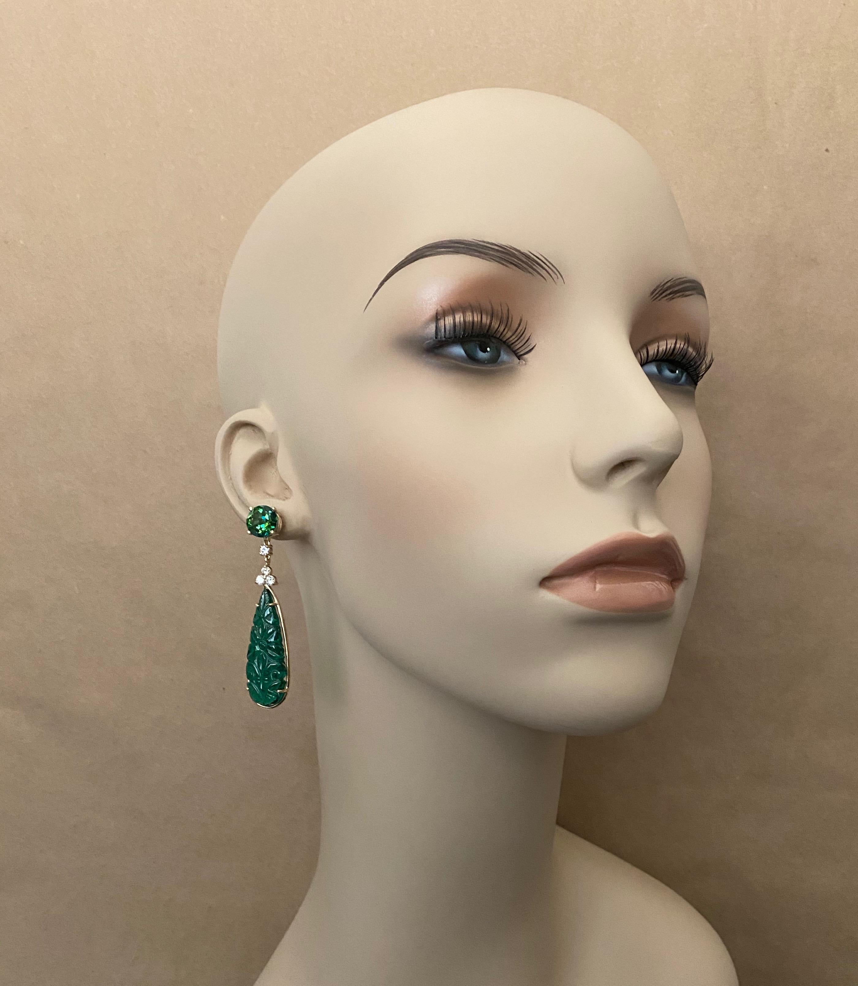 Michael Kneebone Boucles d'oreilles pendantes en topaze verte, diamant et onyx vert en vente 2