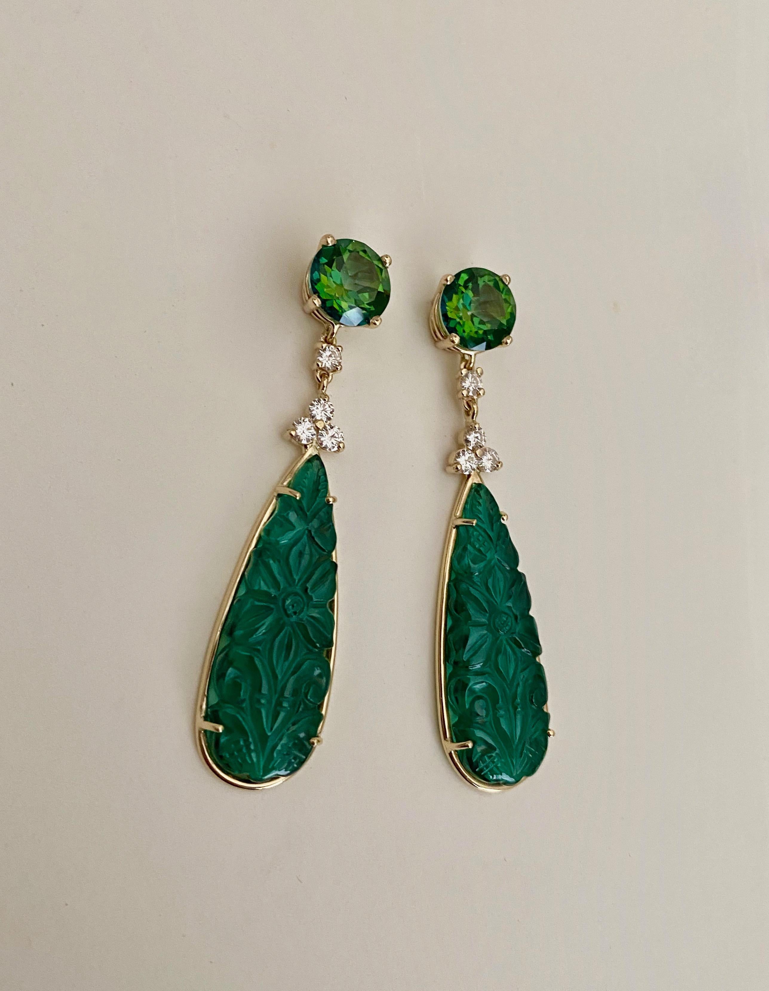 Michael Kneebone Boucles d'oreilles pendantes en topaze verte, diamant et onyx vert en vente 3