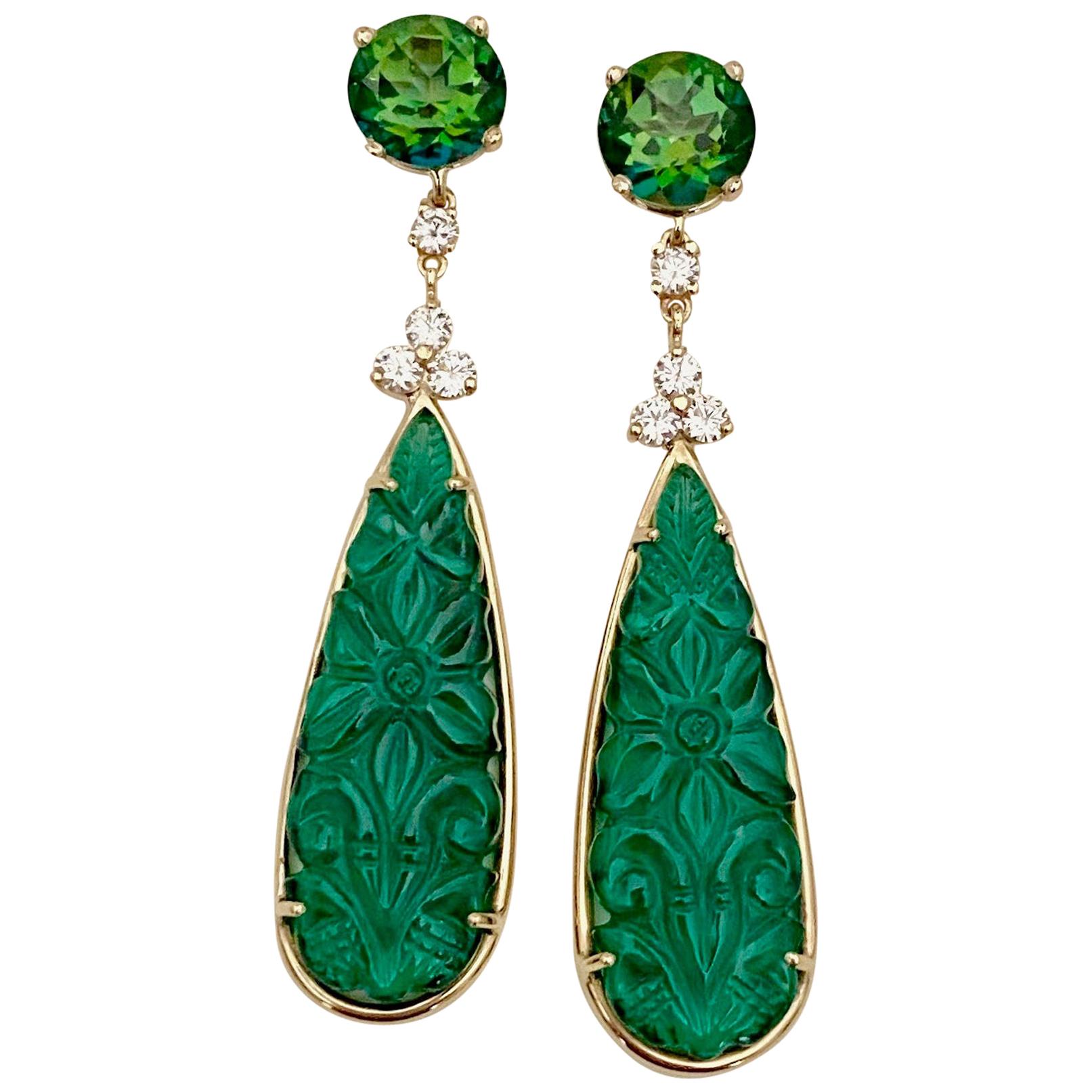 Michael Kneebone Boucles d'oreilles pendantes en topaze verte, diamant et onyx vert