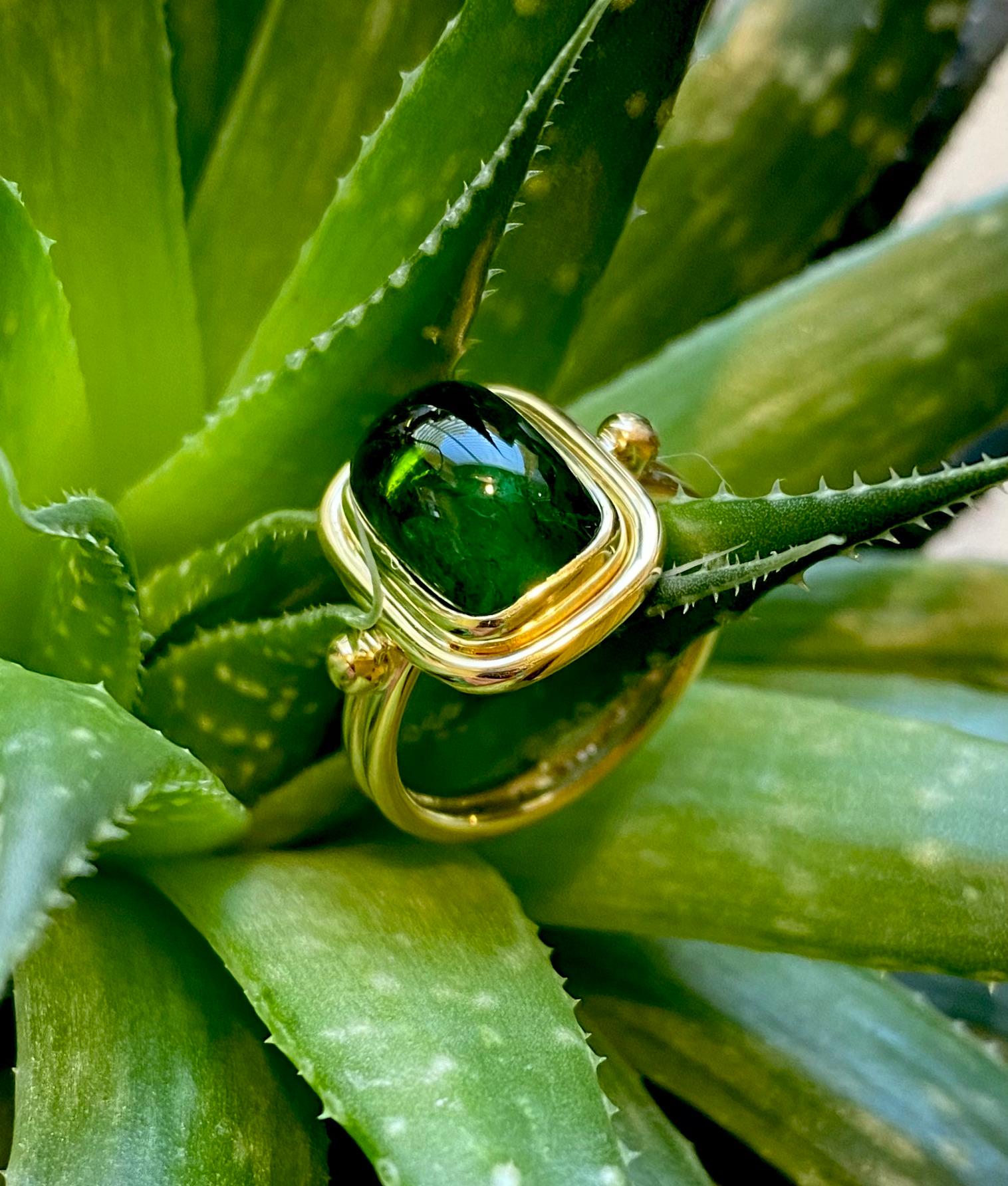 Contemporary Michael Kneebone Green Tourmaline Sugarloaf Cabochon Archaic Style Ring