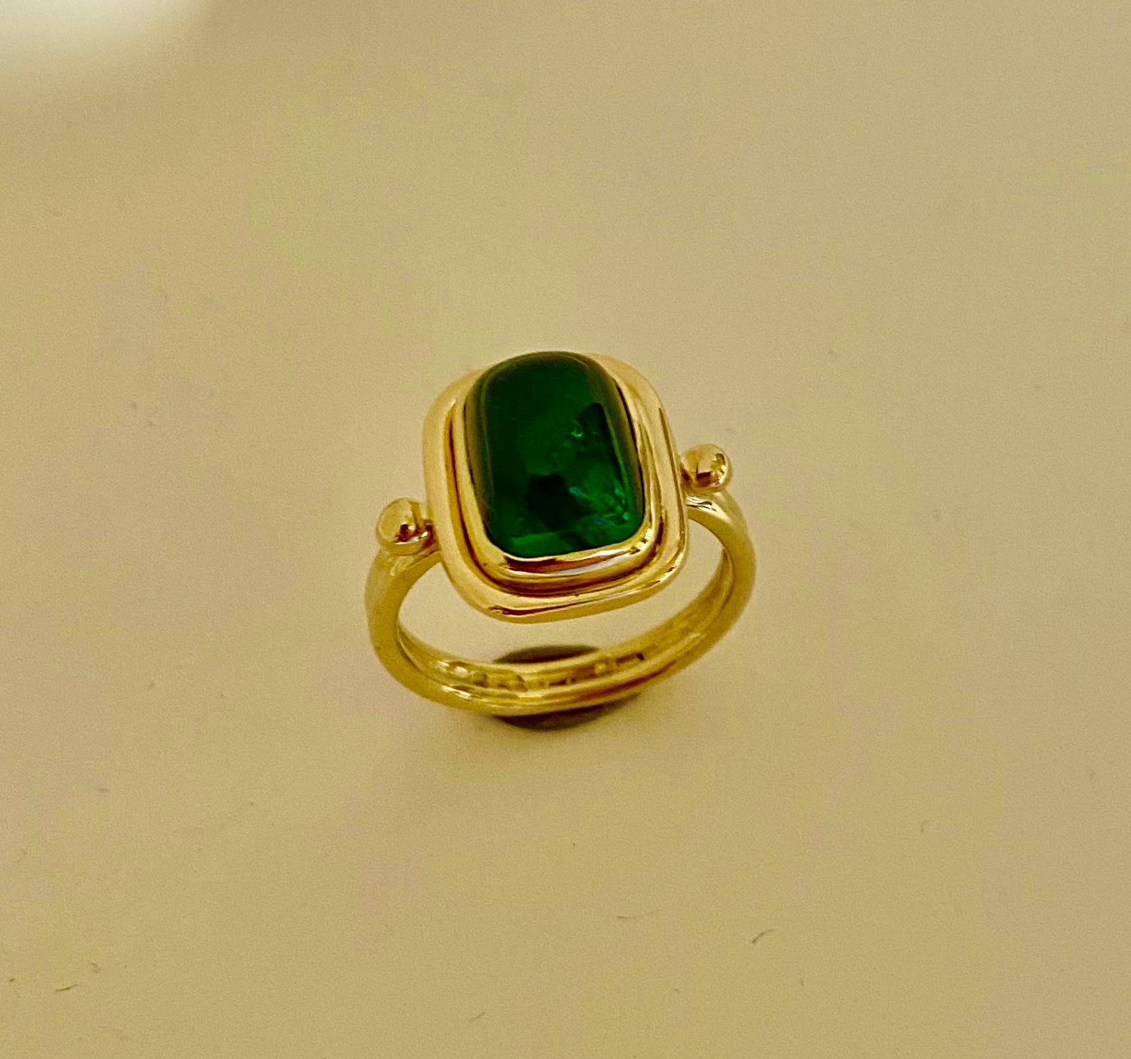 Women's or Men's Michael Kneebone Green Tourmaline Sugarloaf Cabochon Archaic Style Ring