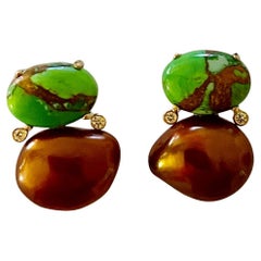 Michael Kneebone Green Turquoise Diamond Chocolate Keshi Pearl Drop Earrings