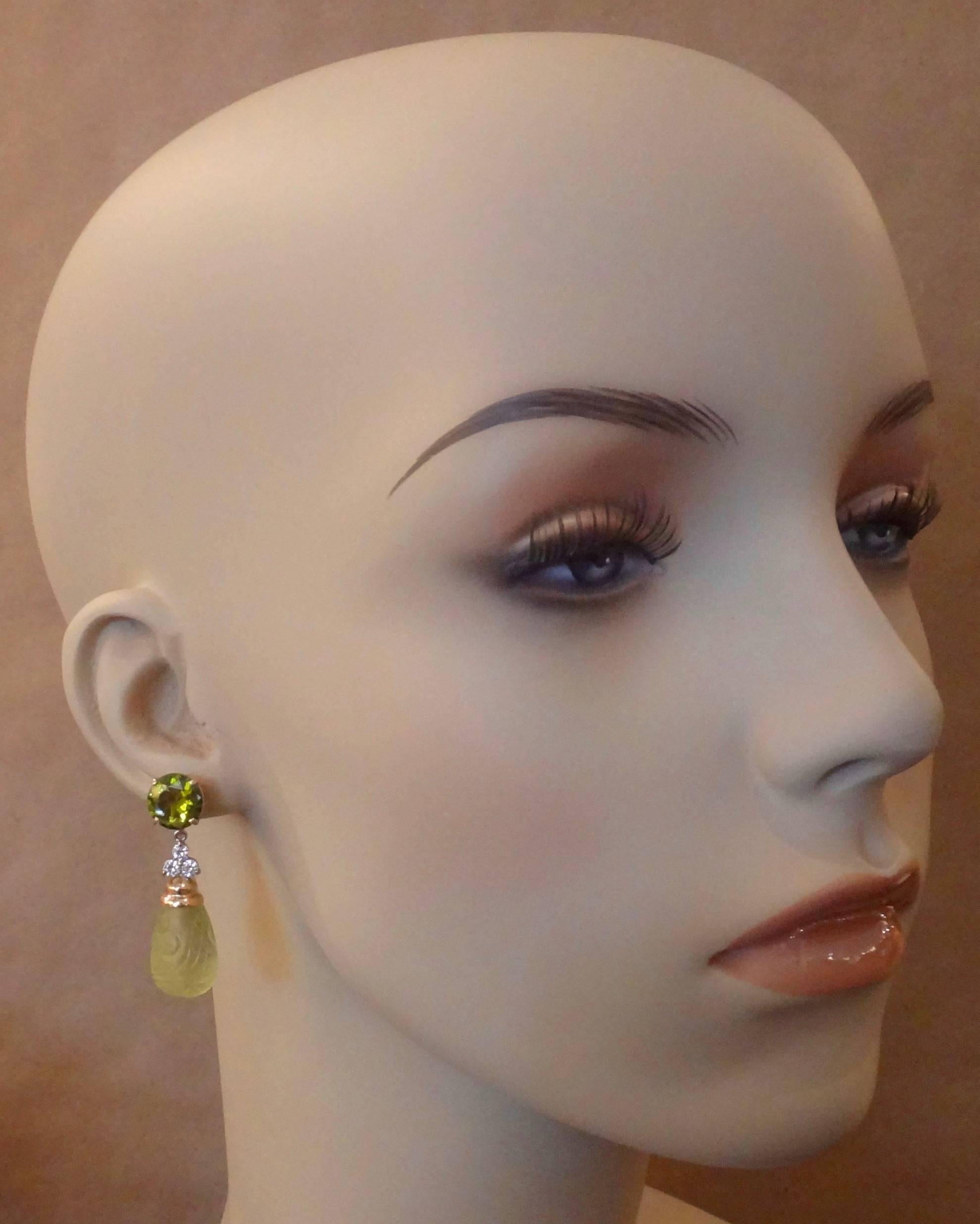 Michael Kneebone Green Zircon Diamond Carved Lemon Citrine Dangle Earrings In Excellent Condition In Austin, TX