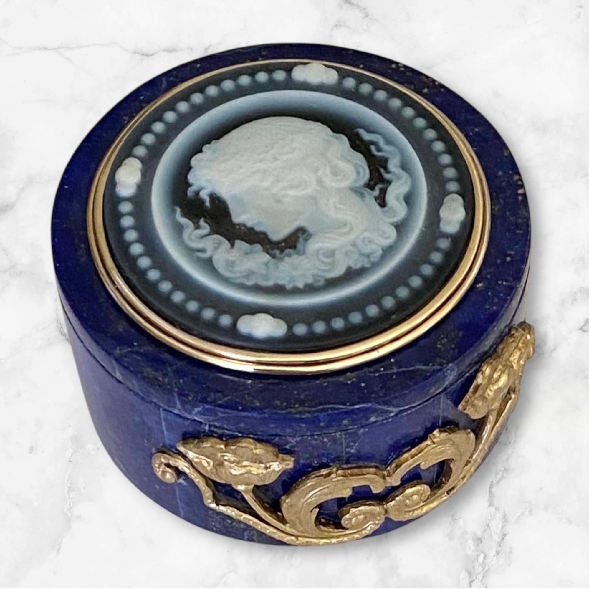 Mixed Cut Michael Kneebone Hardstone Cameo Lapis Lazuli Gold Gilt Bronze Pearl Ring Box For Sale