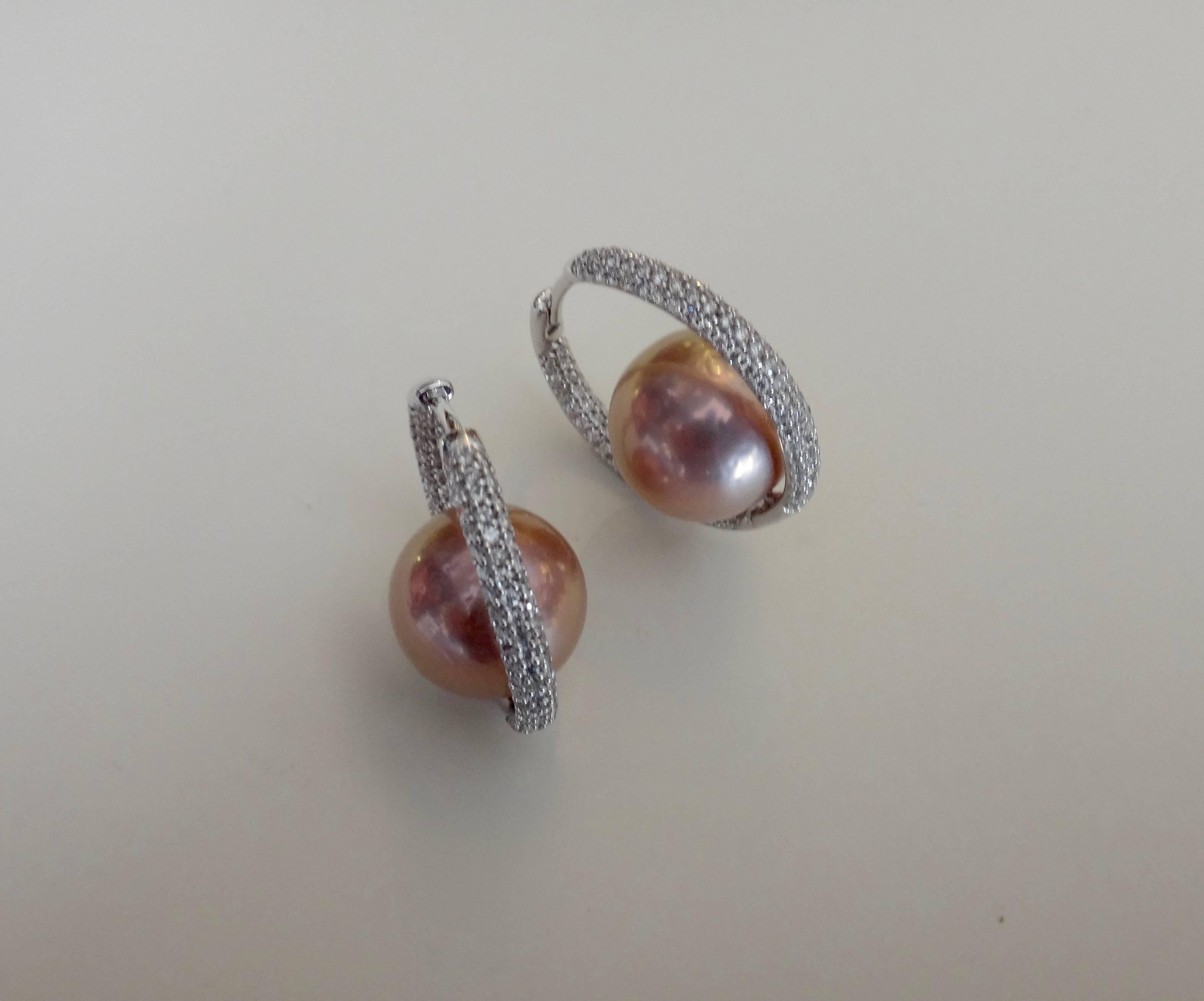 Contemporary Michael Kneebone Inside Outside Pave Diamond Pink Pearl Hoop Earrings