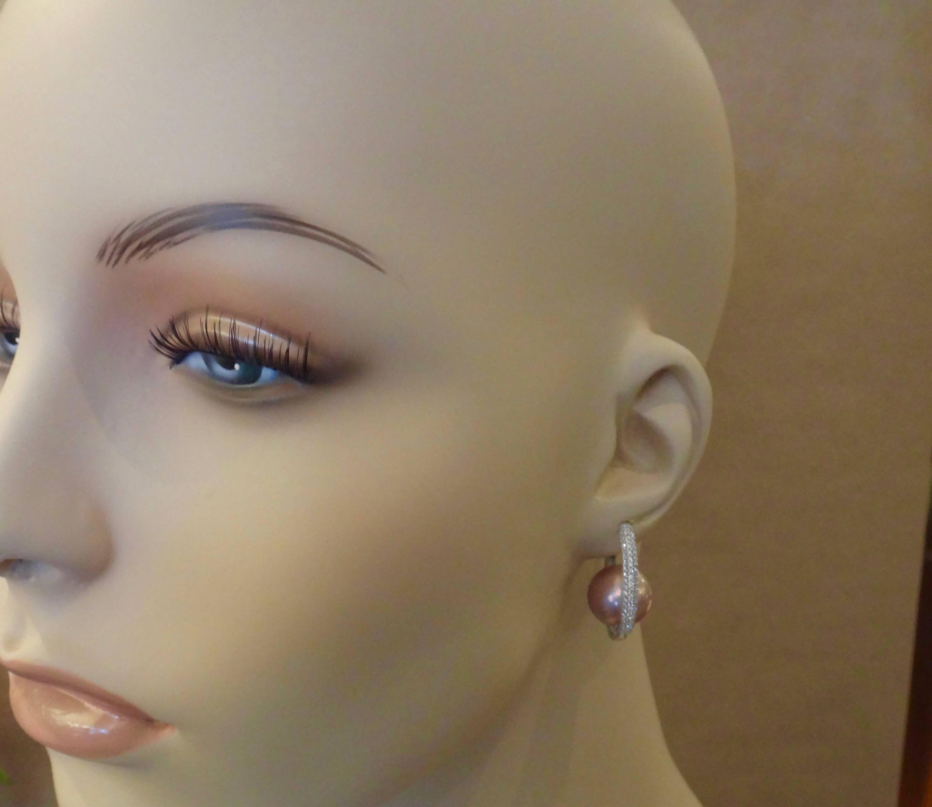 Michael Kneebone Inside Outside Pave Diamond Pink Pearl Hoop Earrings In Excellent Condition In Austin, TX