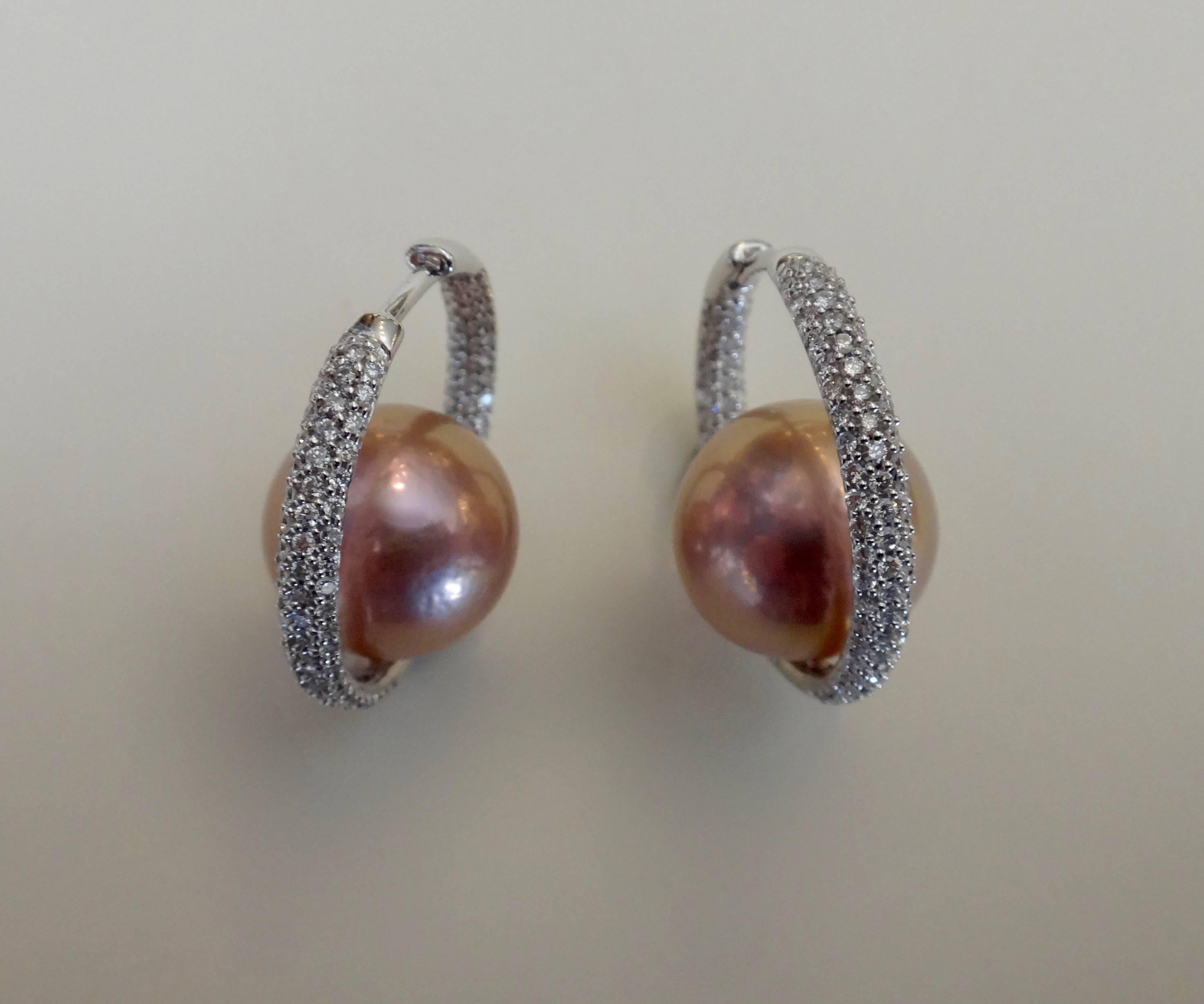 Women's Michael Kneebone Inside Outside Pave Diamond Pink Pearl Hoop Earrings