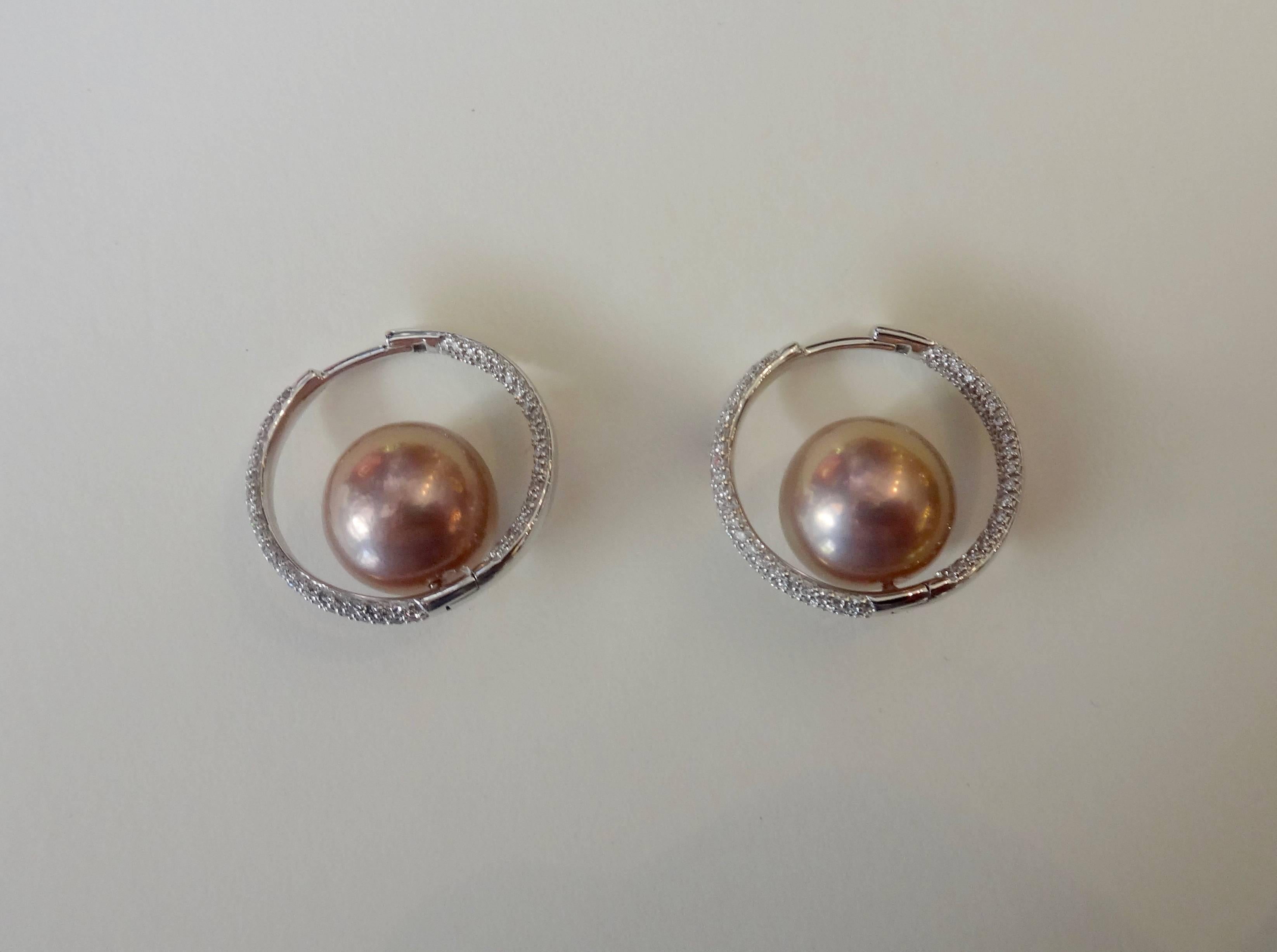 Michael Kneebone Inside Outside Pave Diamond Pink Pearl Hoop Earrings 1