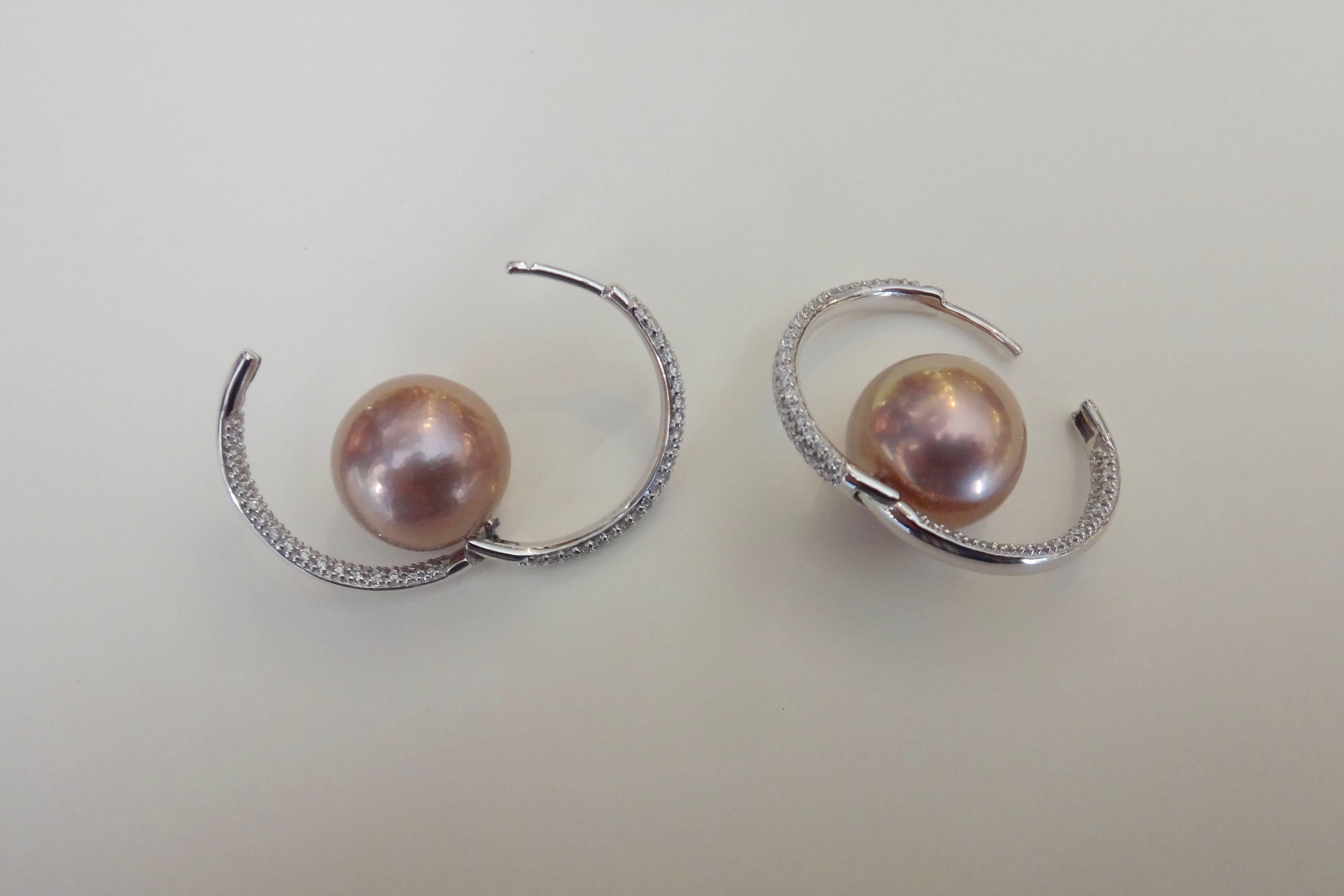 Michael Kneebone Inside Outside Pave Diamond Pink Pearl Hoop Earrings 2
