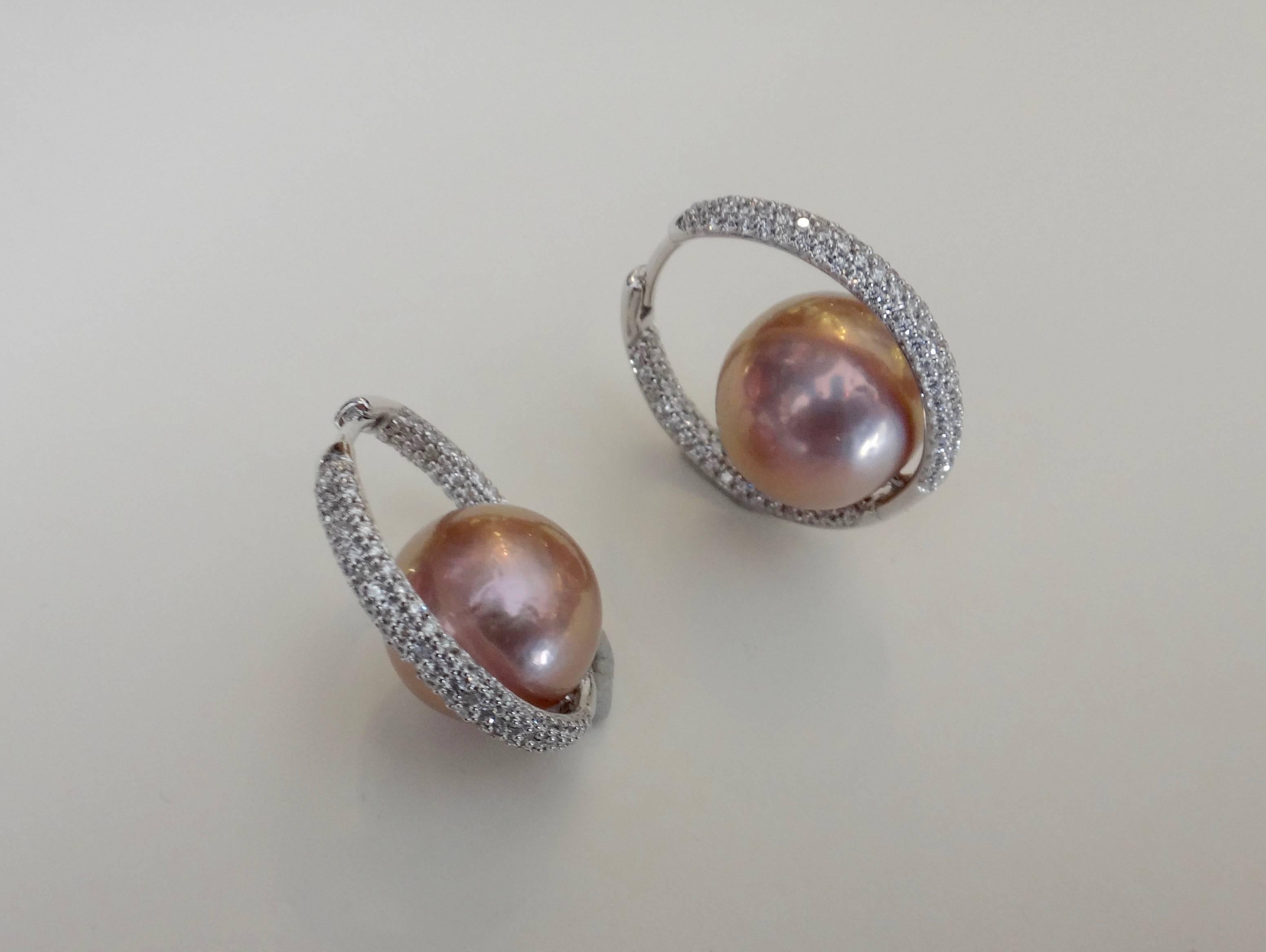 Michael Kneebone Inside Outside Pave Diamond Pink Pearl Hoop Earrings 3