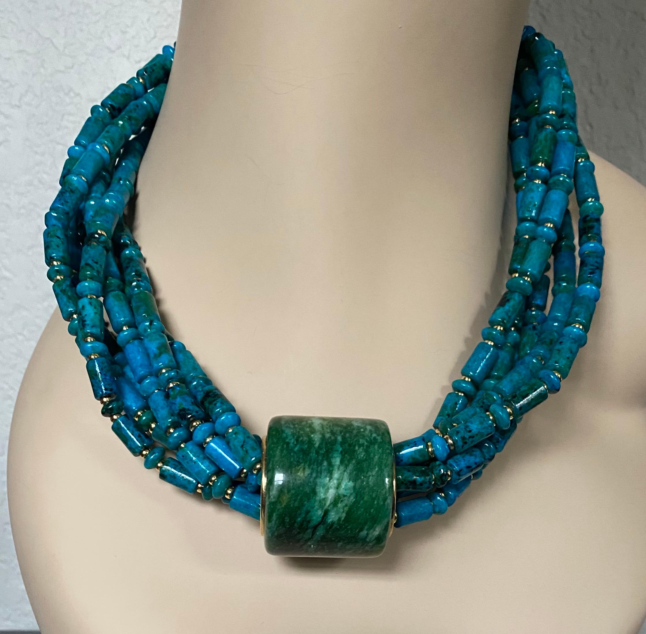 Michael Kneebone Jadeite Archer's Ring Azurite Chrysocolla Torsade Necklace In New Condition For Sale In Austin, TX