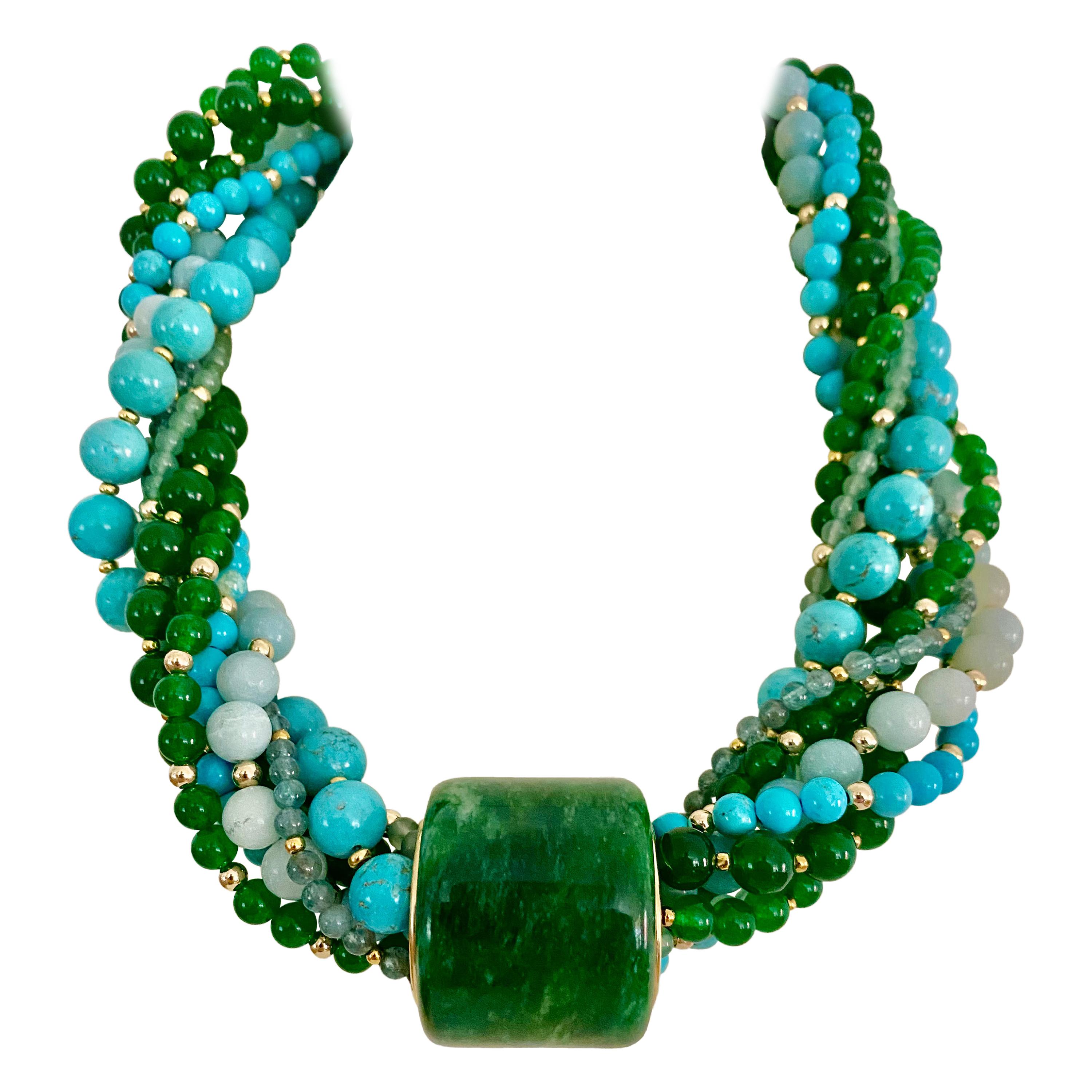 Michael Kneebone Jadeite Archer's Ring Multi Gemstone Bead Torsade Necklace