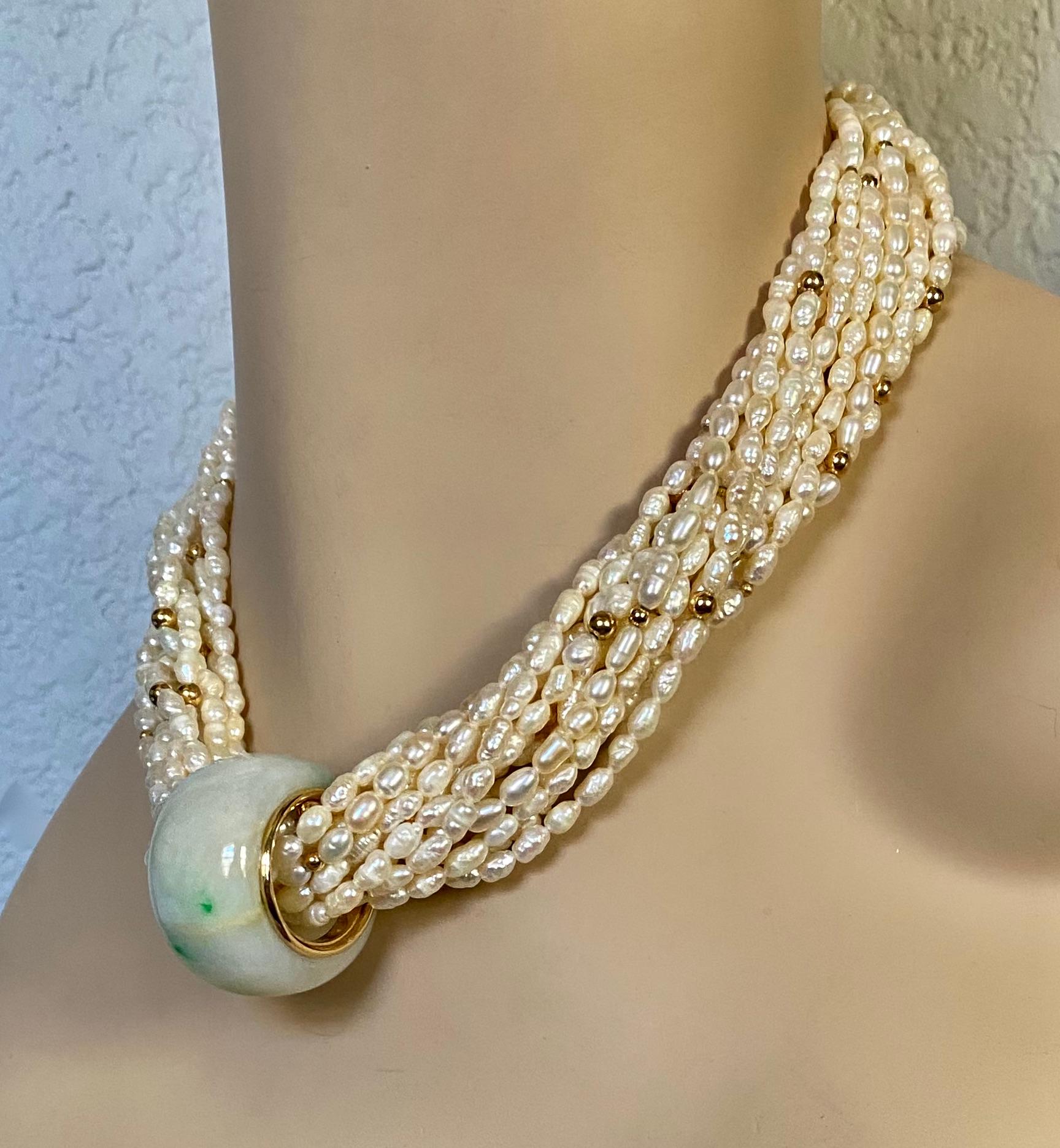 Contemporary Michael Kneebone Jadeite Archers Ring Rice Pearl Torsade Necklace For Sale
