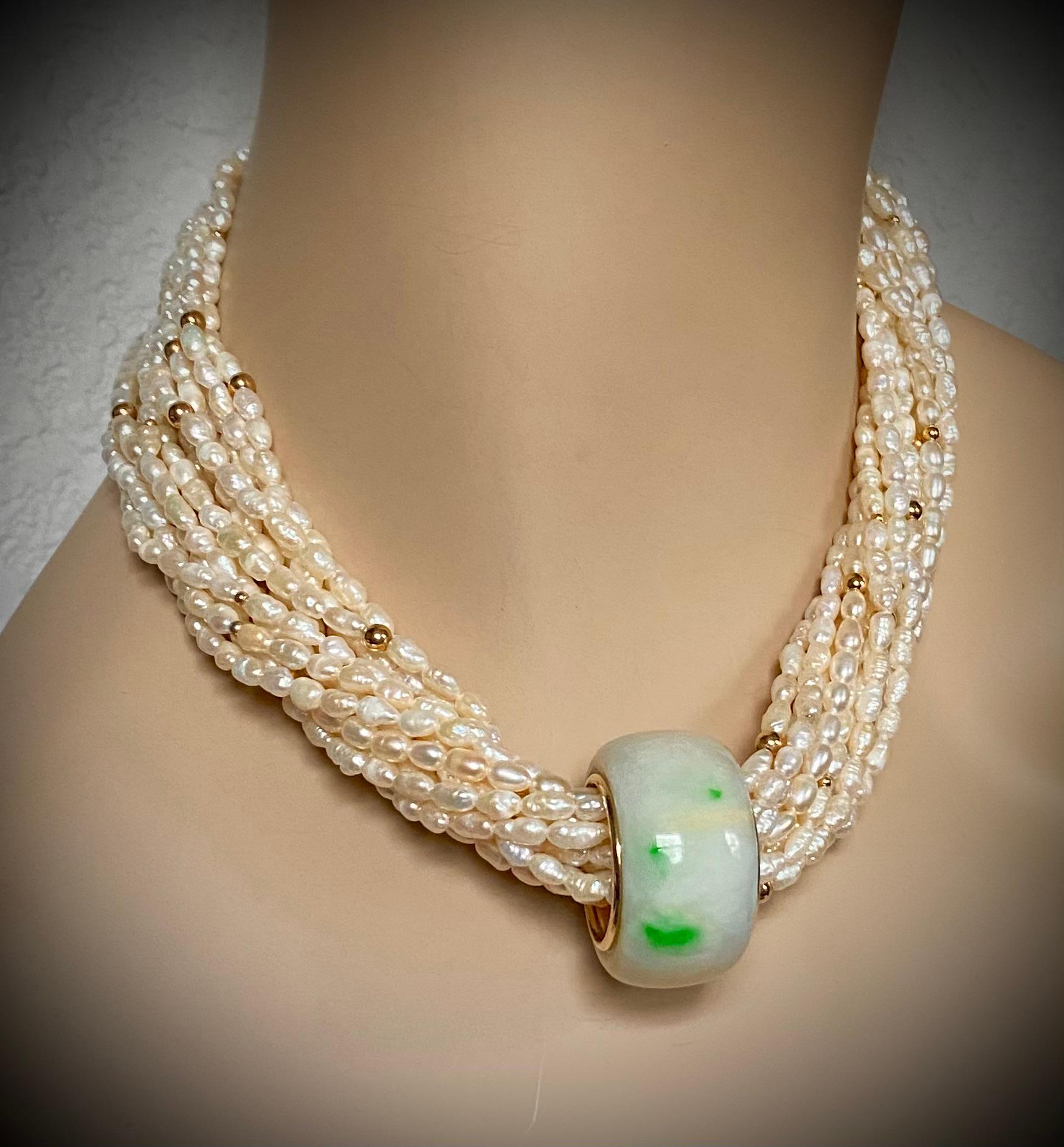 Mixed Cut Michael Kneebone Jadeite Archers Ring Rice Pearl Torsade Necklace For Sale