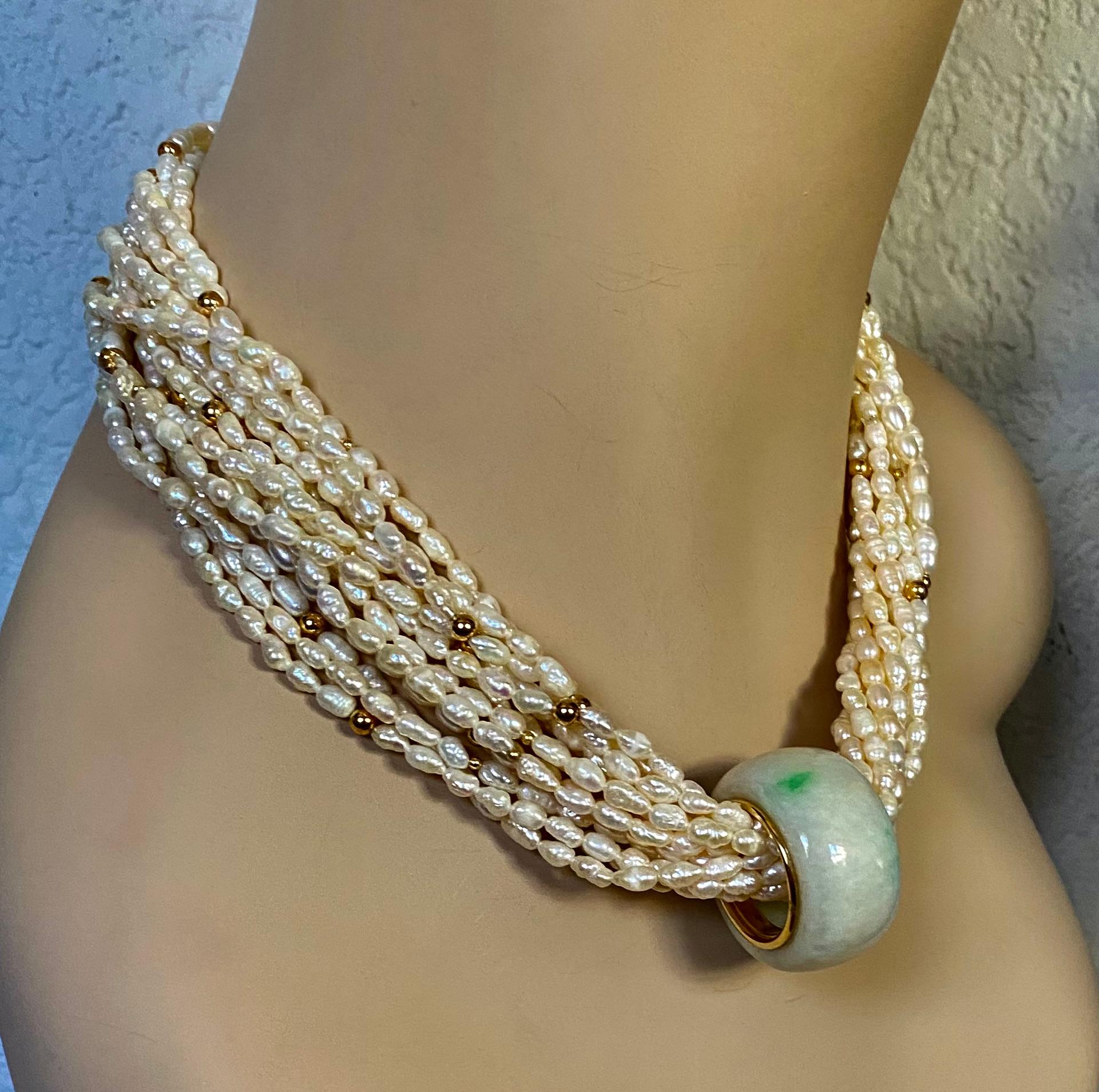 Michael Kneebone Jadeite Archers Ring Rice Pearl Torsade Necklace For Sale 1