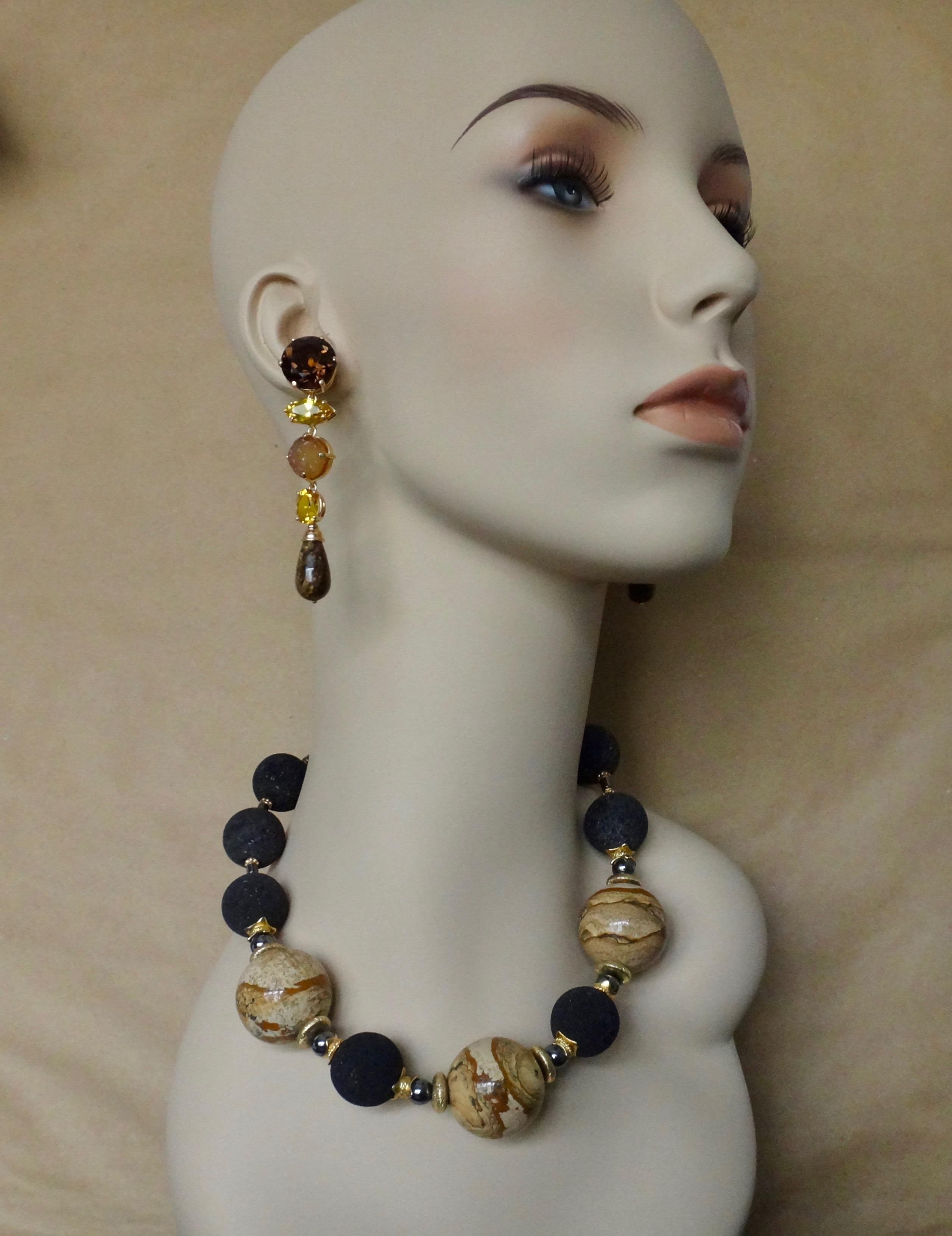 A palette of earth tones define this dramatic beaded necklace and dangle earring suite.  The beaded necklace is composed of picture jasper, lava rock and hematite, vermeil spacers beads and a jumbo spring ring clasp.  It measures 19 inches long and