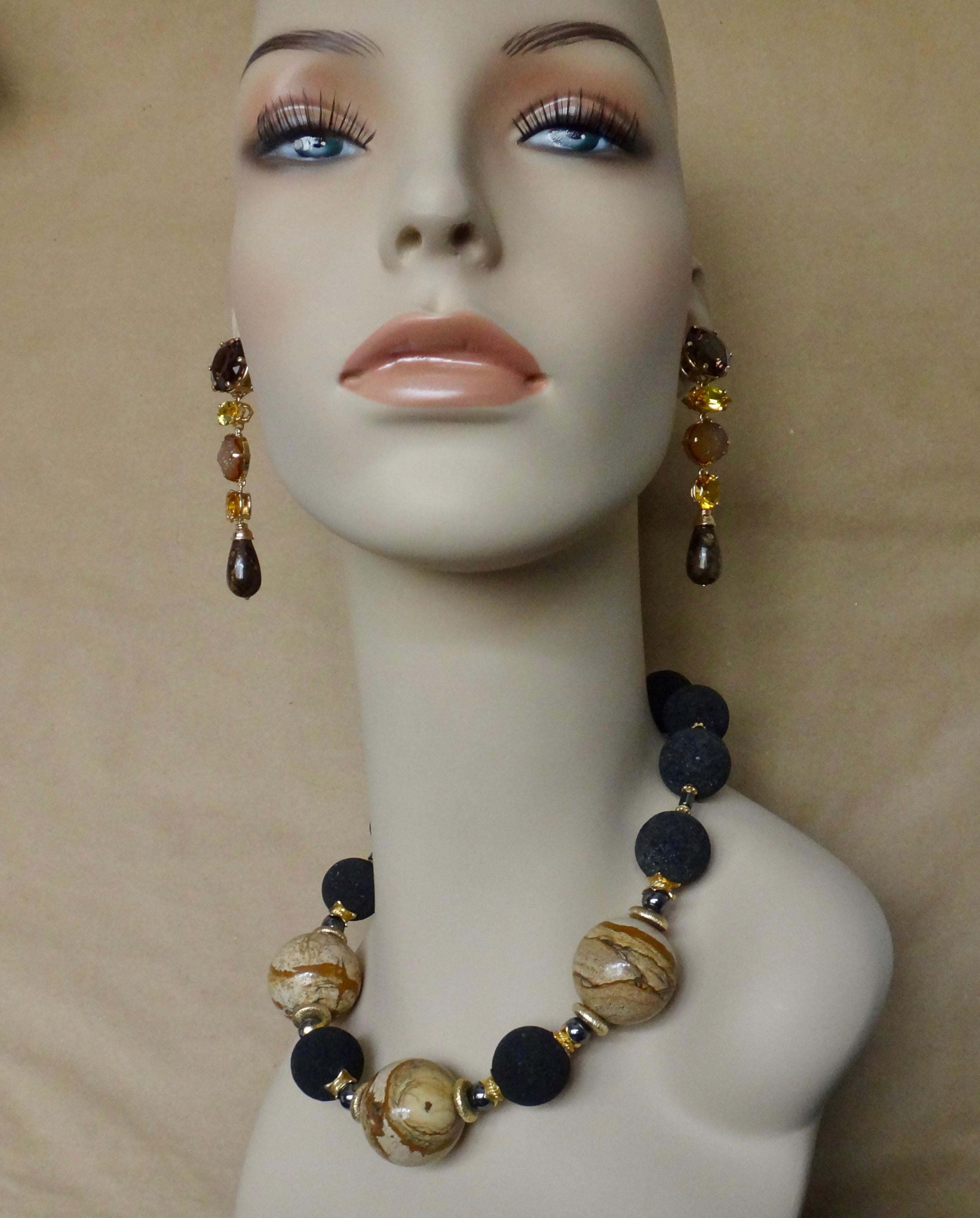 Contemporary Michael Kneebone Jasper Bead Necklace Multi-Gemstone Dangle Earring Suite