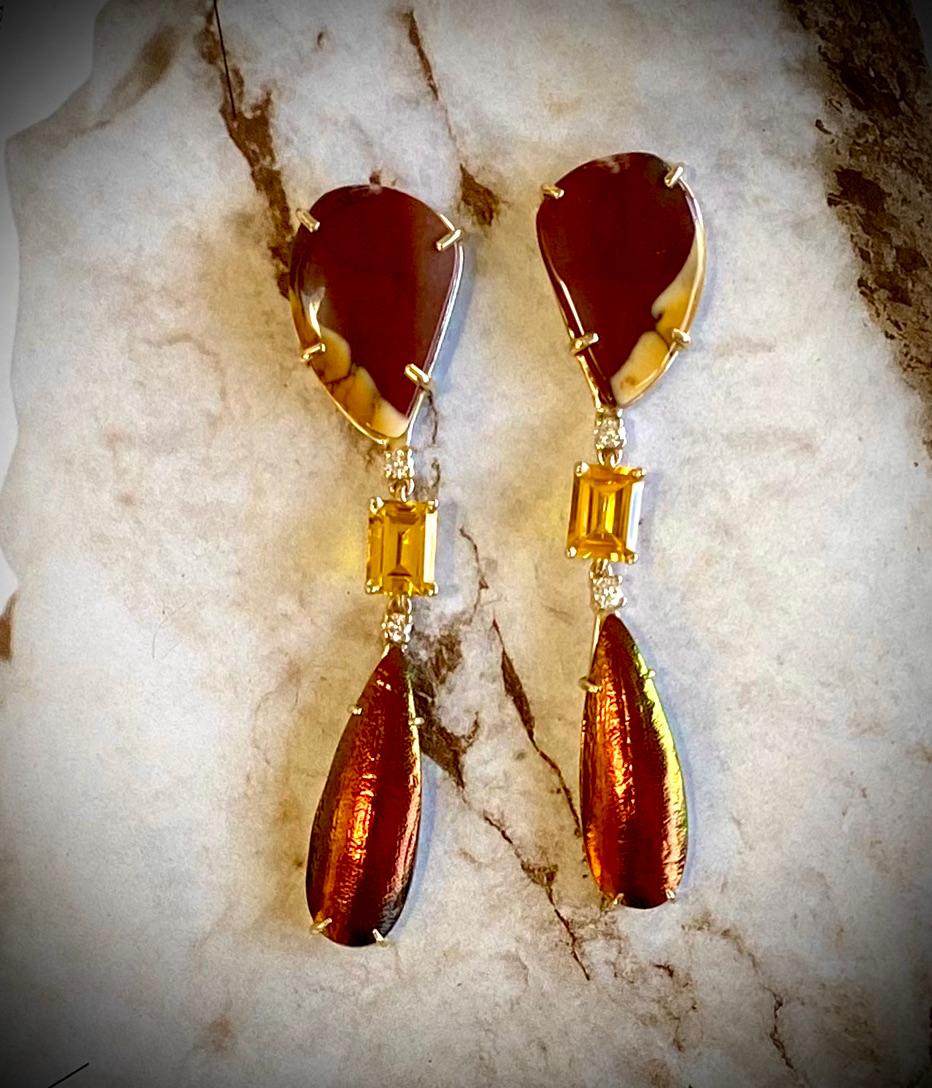 Michael Kneebone Jasper Diamond Golden Beryl Scarab Beetle Wing Dangle Earrings For Sale 4