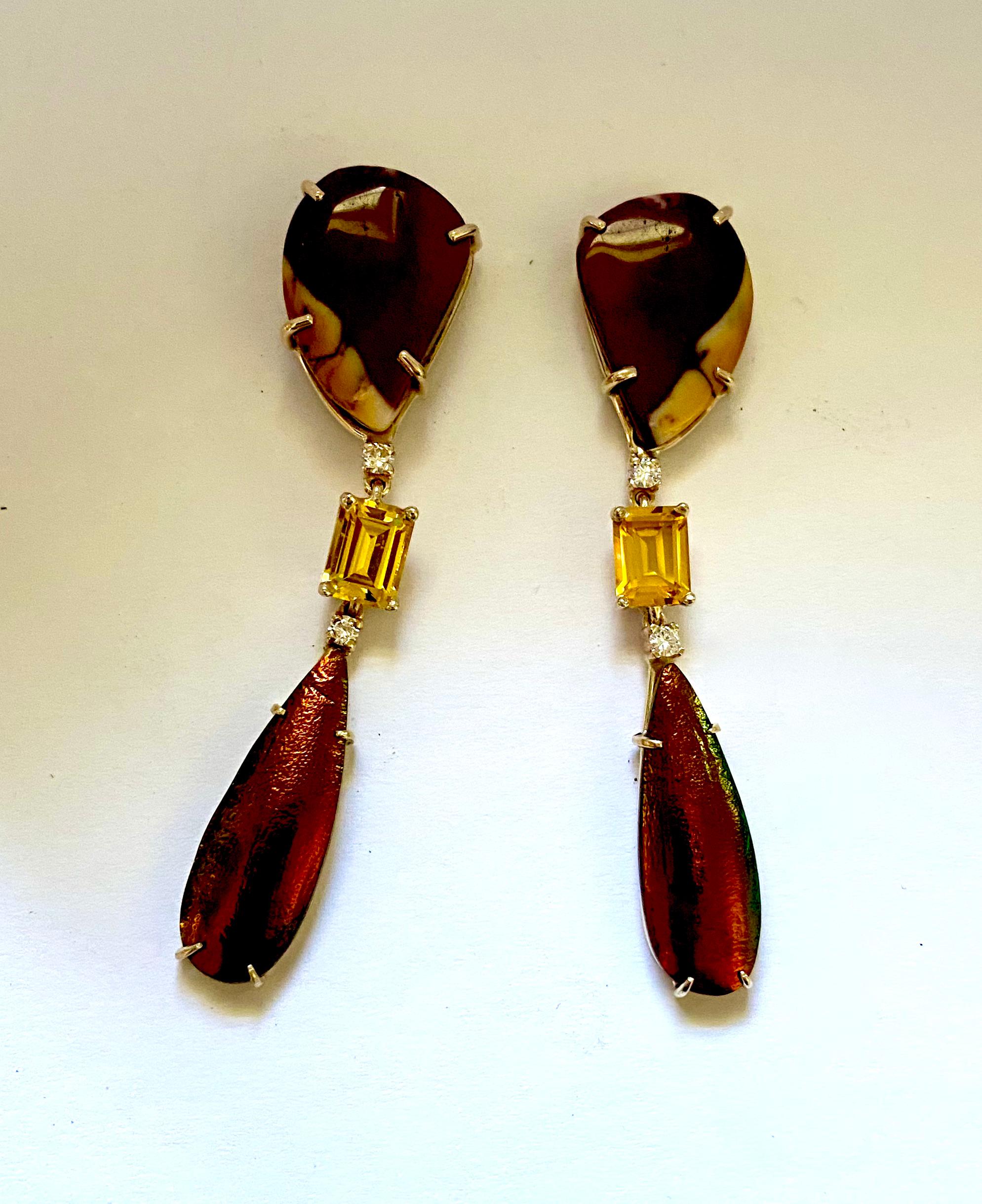 Contemporary Michael Kneebone Jasper Diamond Golden Beryl Scarab Beetle Wing Dangle Earrings For Sale