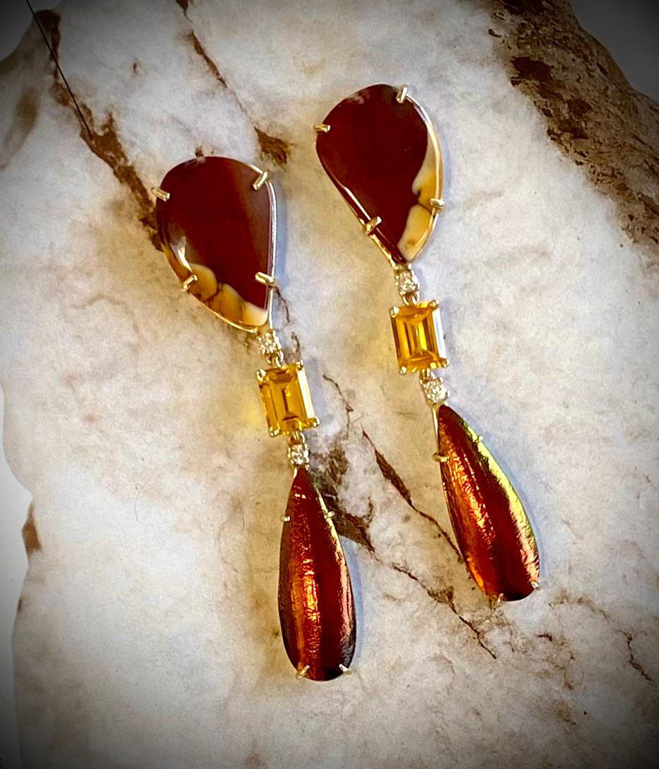 Michael Kneebone Jasper Diamond Golden Beryl Scarab Beetle Wing Dangle Earrings In New Condition For Sale In Austin, TX