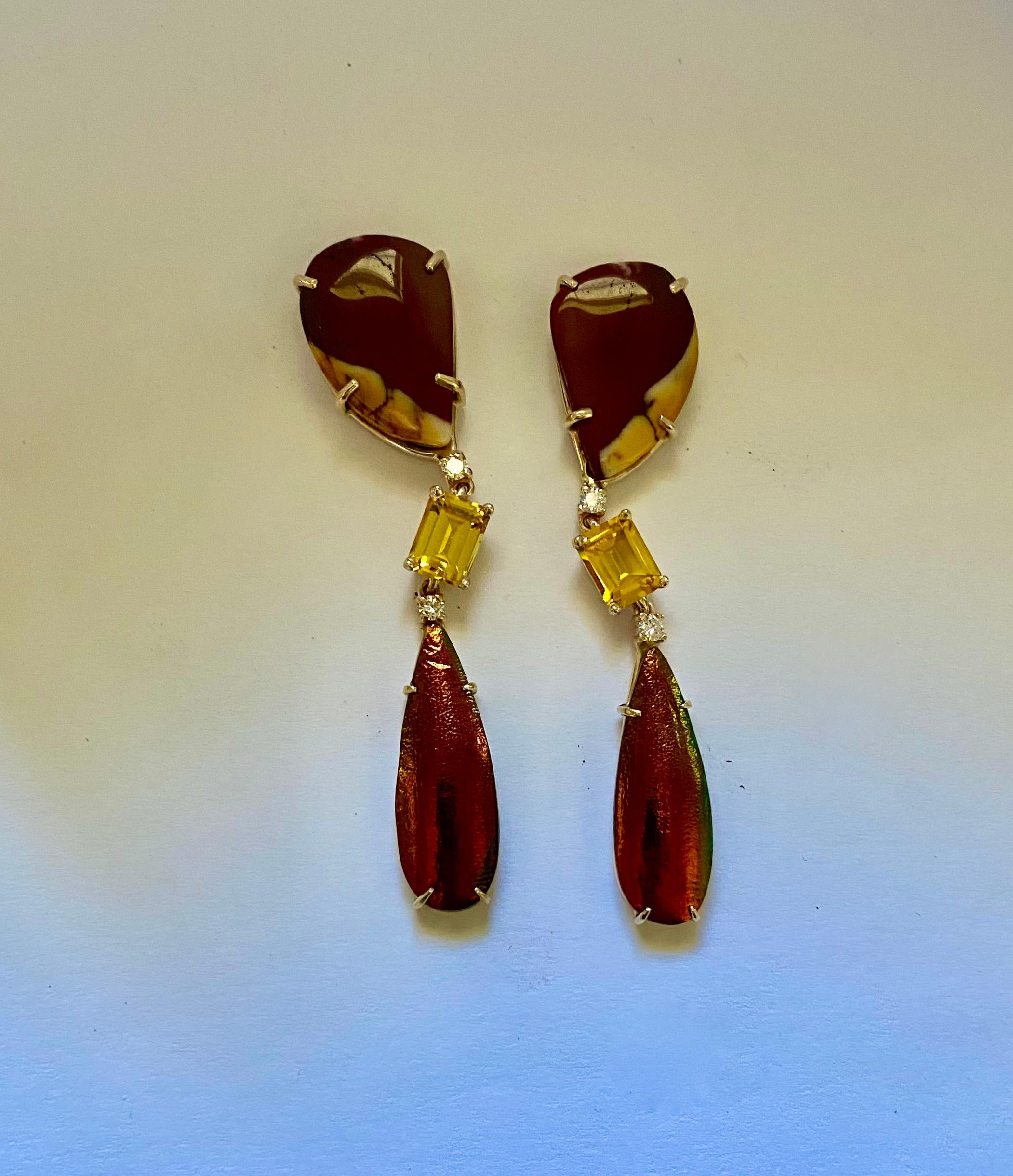 Michael Kneebone Jasper Diamond Golden Beryl Scarab Beetle Wing Dangle Earrings For Sale 1