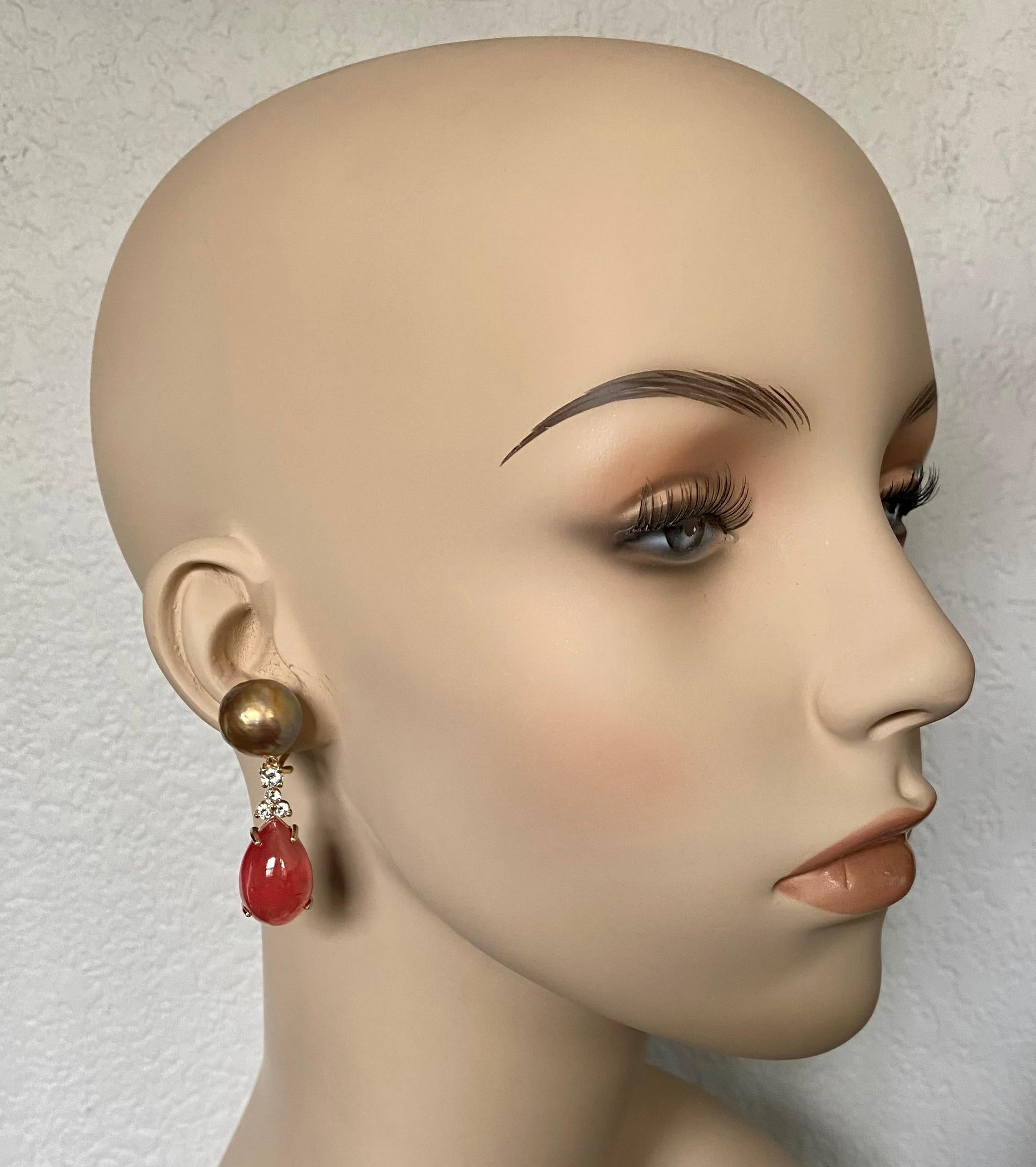 Contemporary Michael Kneebone Kasumi Pearl Diamond Rhodochrosite Dangle Earrings For Sale