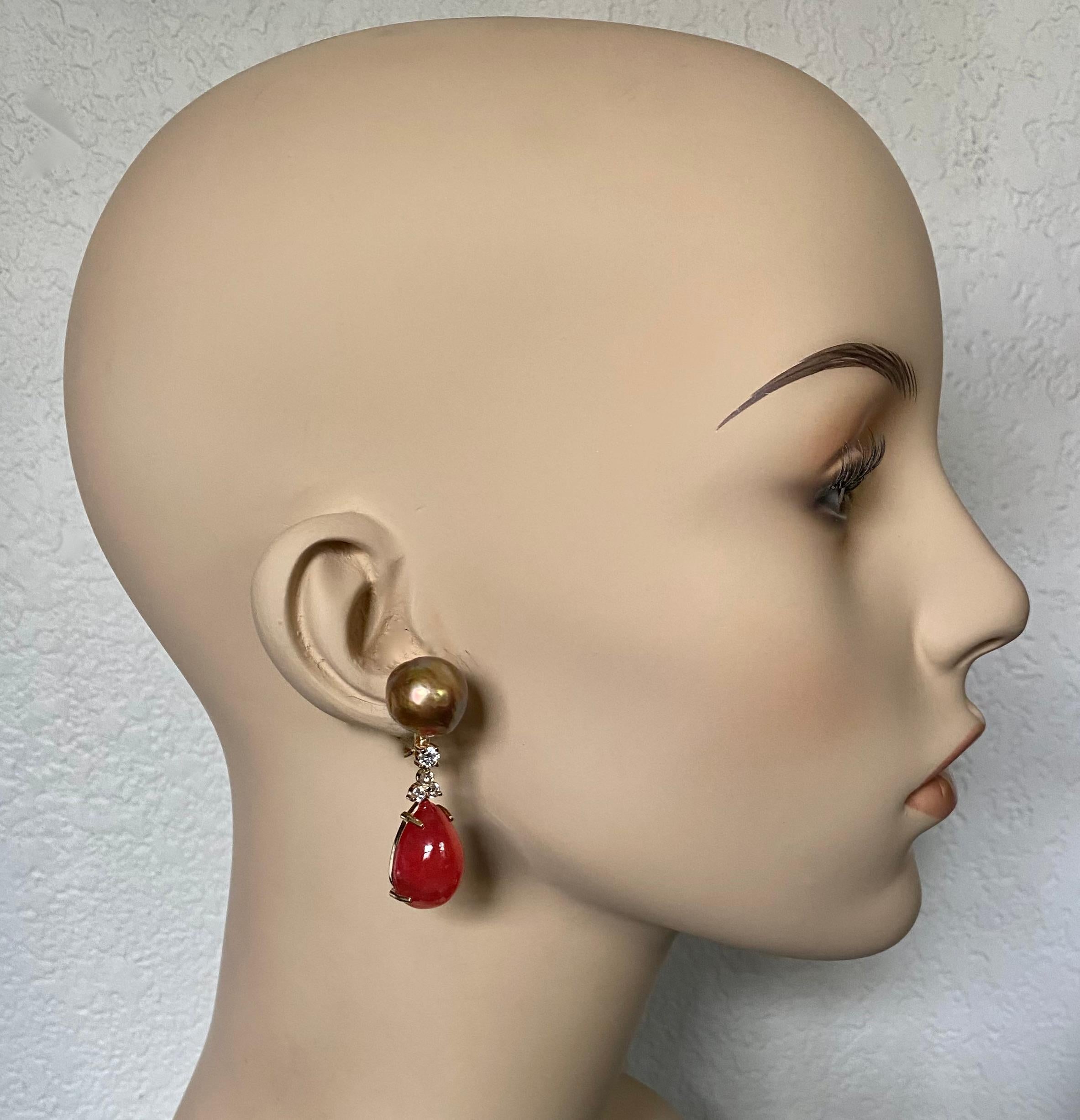 Michael Kneebone Kasumi Pearl Diamond Rhodochrosite Dangle Earrings For Sale 3