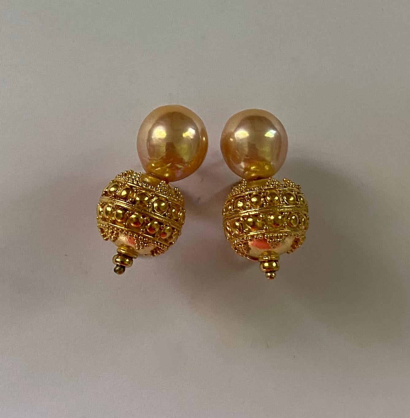 Presented is this Kasumi pearl and granulated bead earring and necklace suite.  The pearls (origin: Lake Kasumigaura, Japan) are a mixture of pastel tones of taupe, pink, peach and cream.  They are baroque in shape with an irregular surface