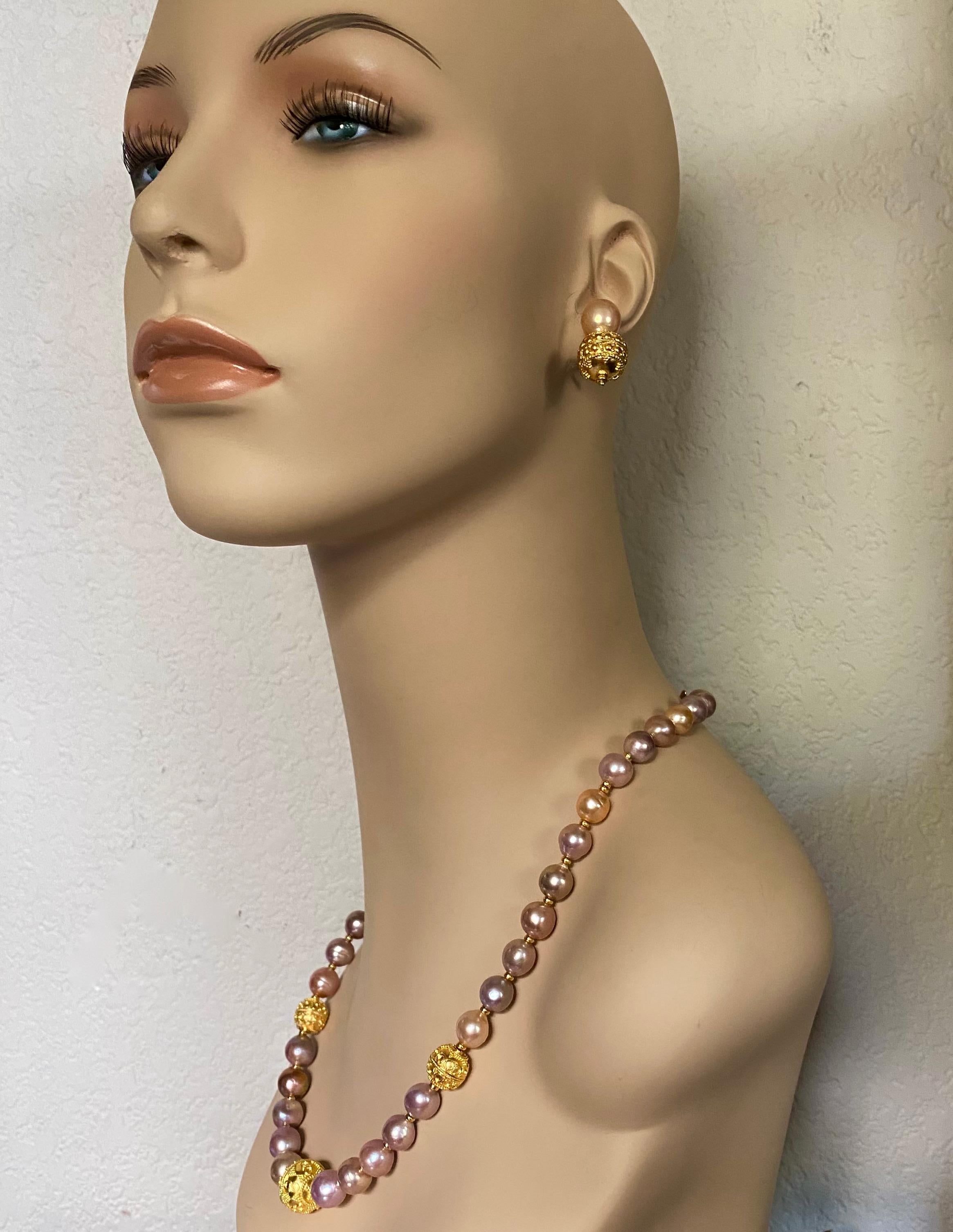 Round Cut Michael Kneebone Kasumi Pearl Granulated Bead Earring and Necklace Suite For Sale