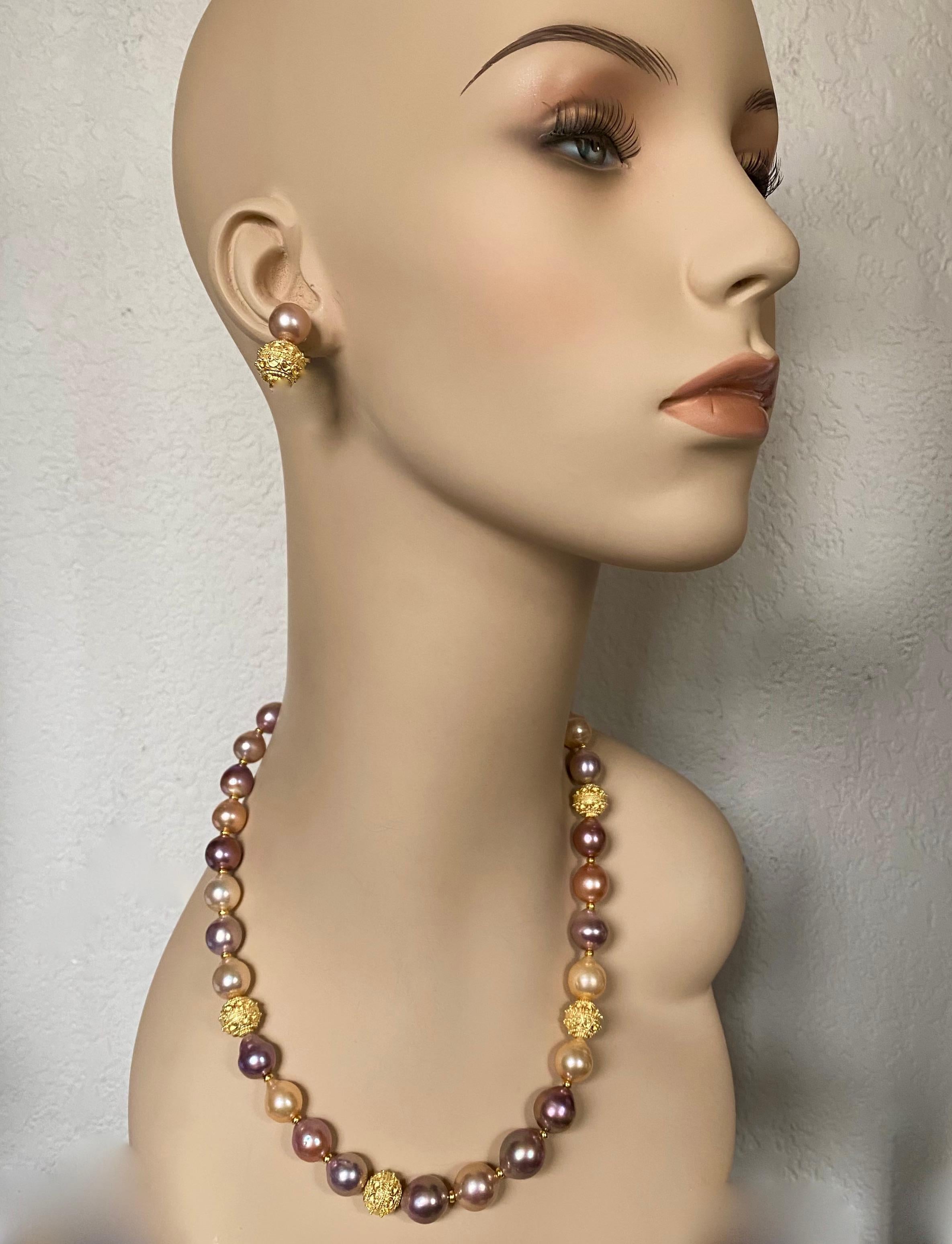 Offered here is a Kasumi pearl necklace and drop earring suite.  The Kasumi pearl necklace (origin: Japan) showcases the wide range of colors this variety of pearl may be found.  They are baroque in shape with surfaces typically seem in this variety