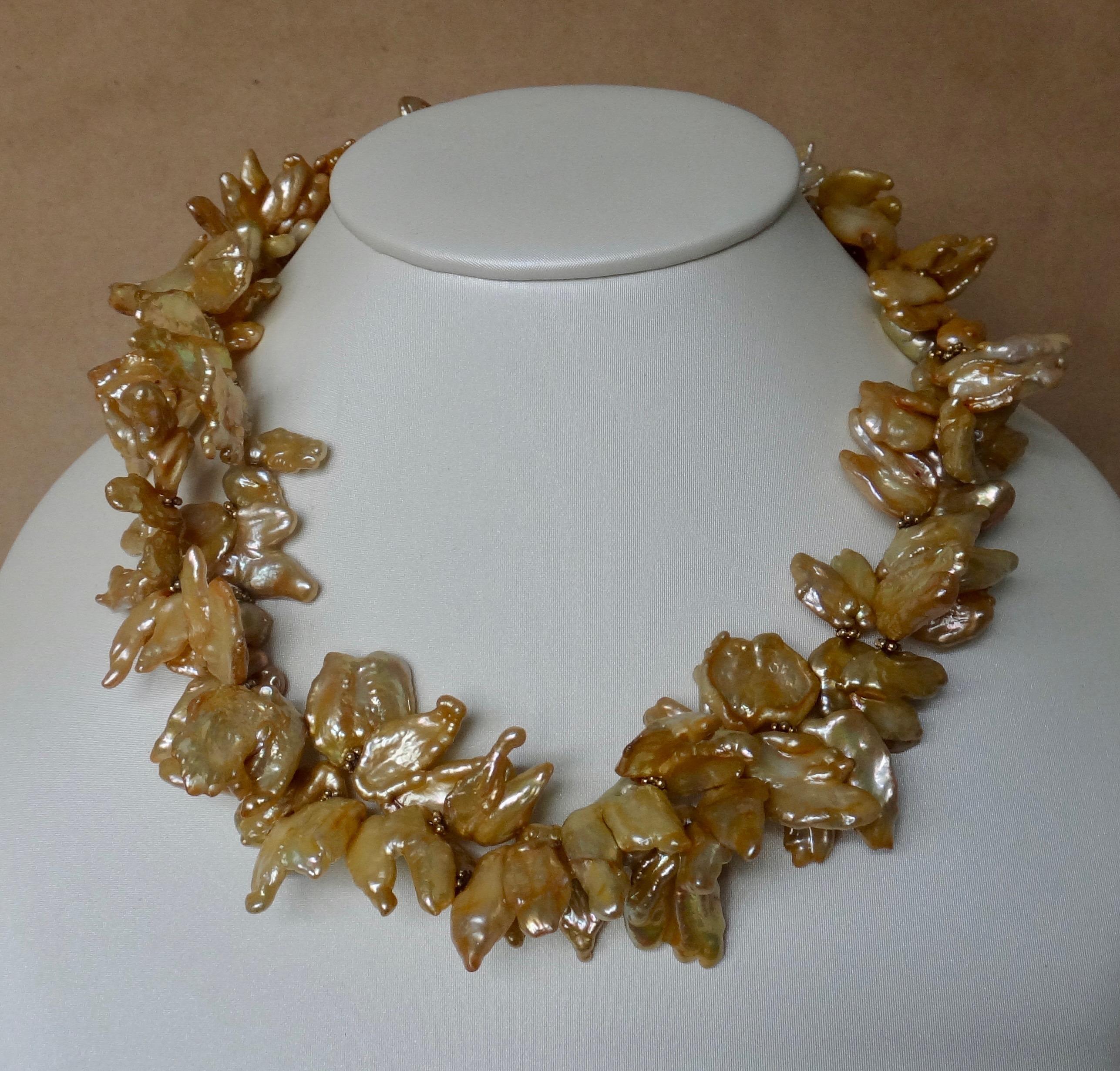 Contemporary Michael Kneebone Khaki Colored Petal Pearl Double Strand Torsade Necklace For Sale