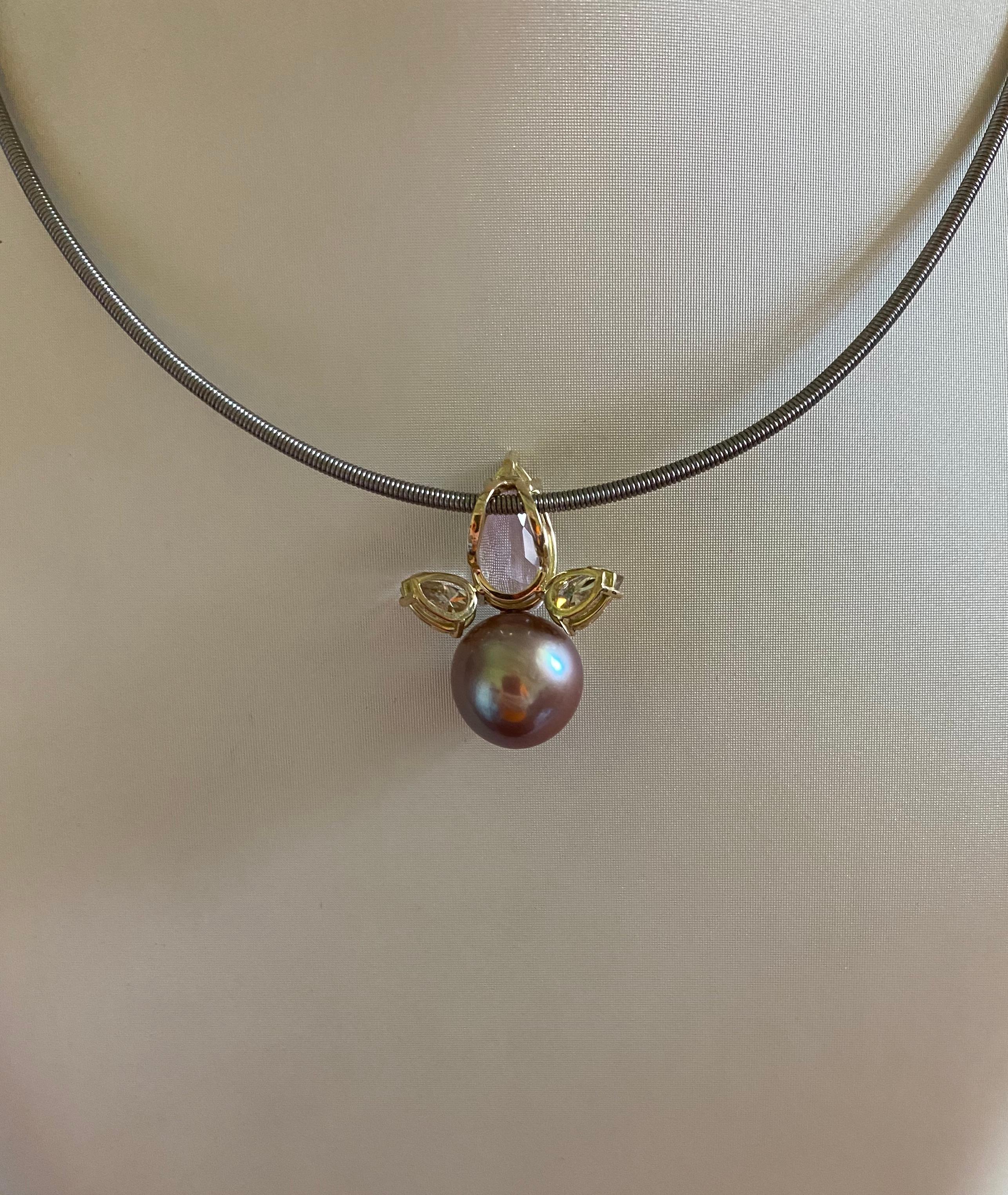 Women's Michael Kneebone Kunzite Champagne Diamond Tahitian Pearl Pendant For Sale
