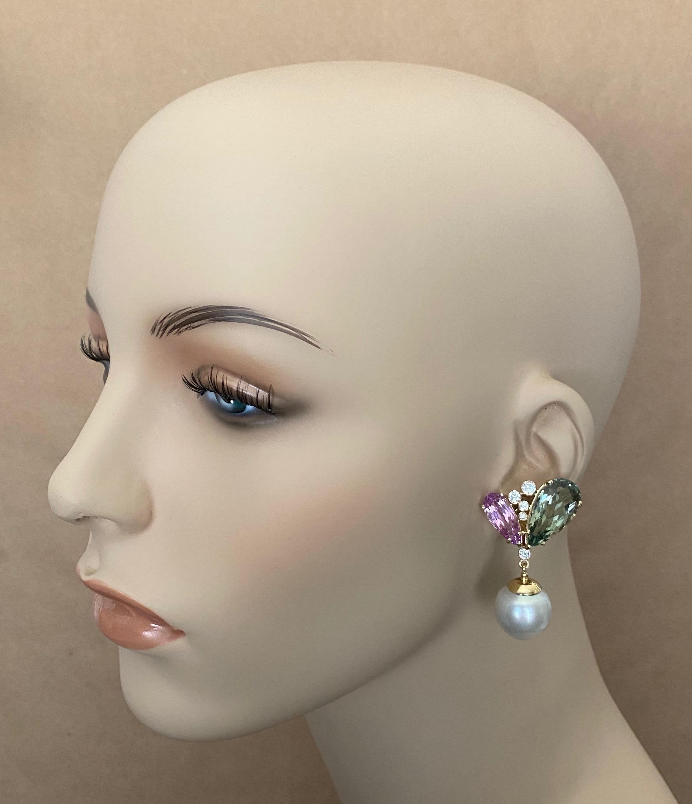 Michael Kneebone Kunzite Hiddenite Diamond South Seas Pearl Dangle Earrings 3