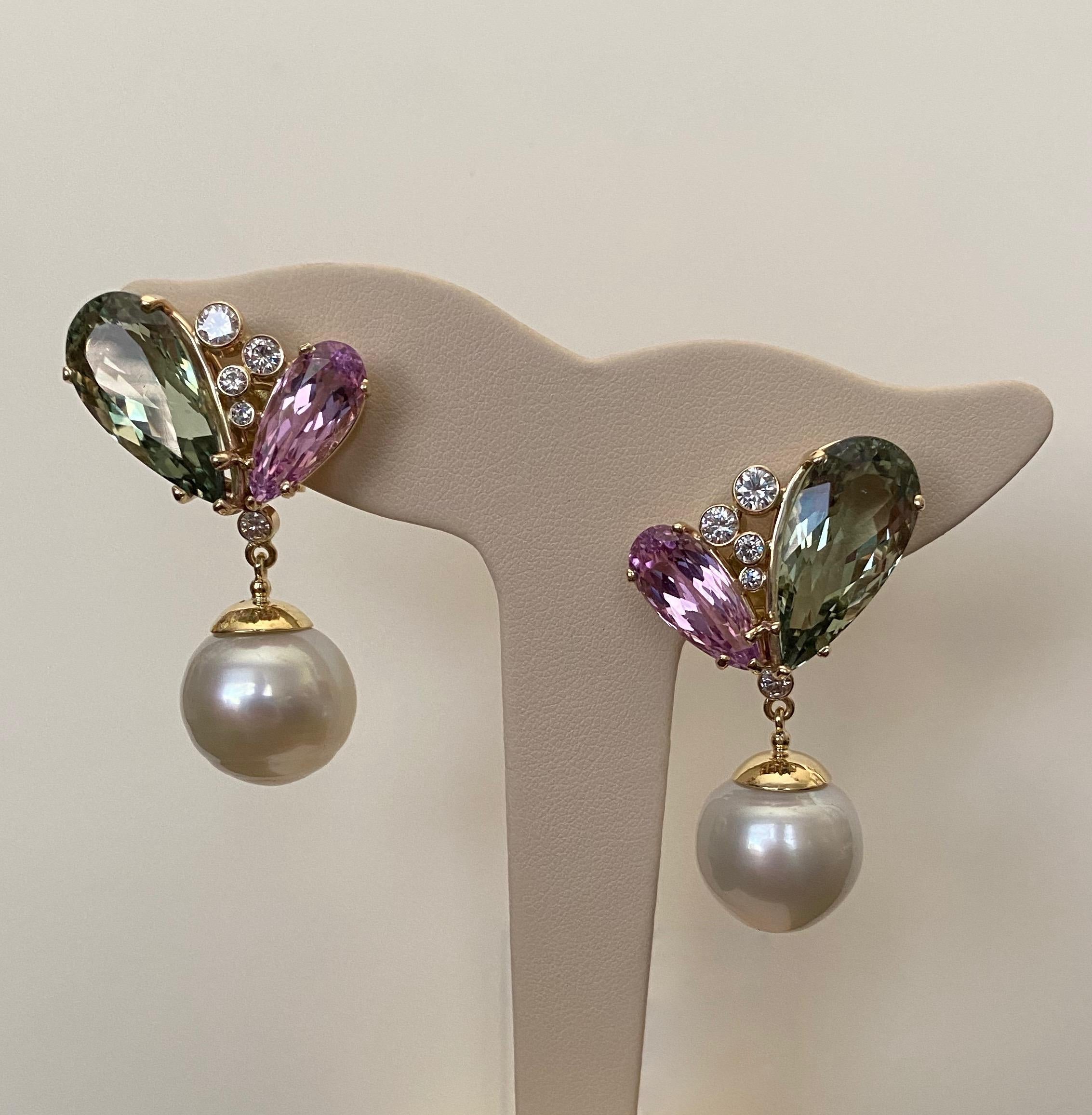 Michael Kneebone Kunzite Hiddenite Diamond South Seas Pearl Dangle Earrings 4