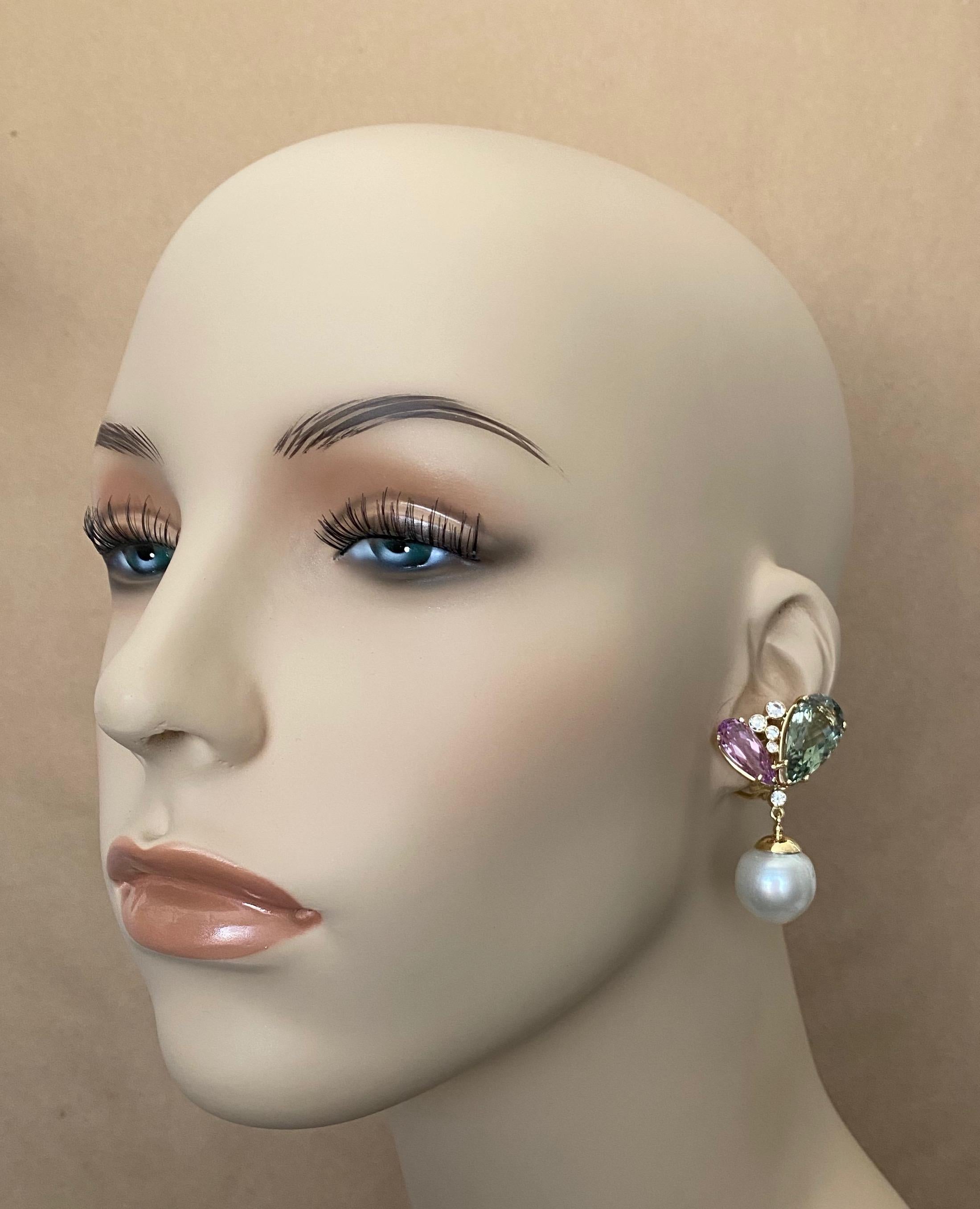 Contemporary Michael Kneebone Kunzite Hiddenite Diamond South Seas Pearl Dangle Earrings