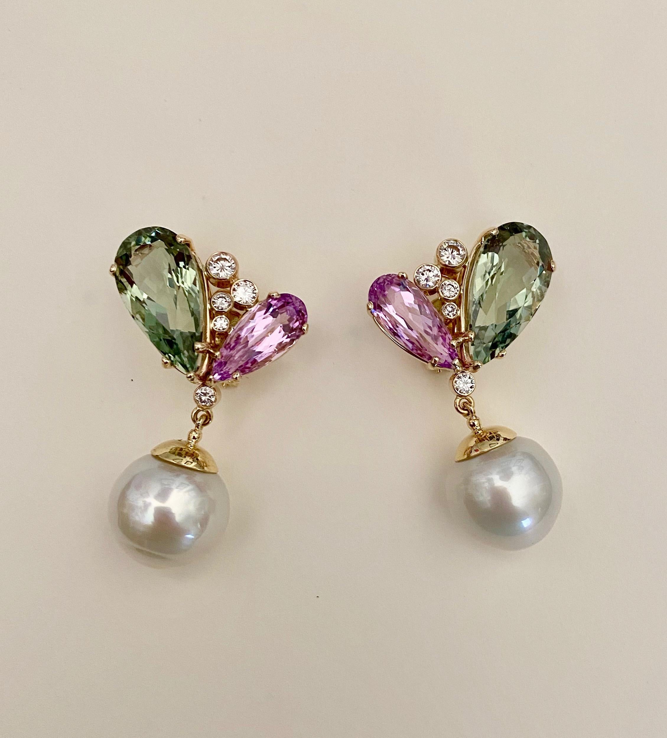 Mixed Cut Michael Kneebone Kunzite Hiddenite Diamond South Seas Pearl Dangle Earrings
