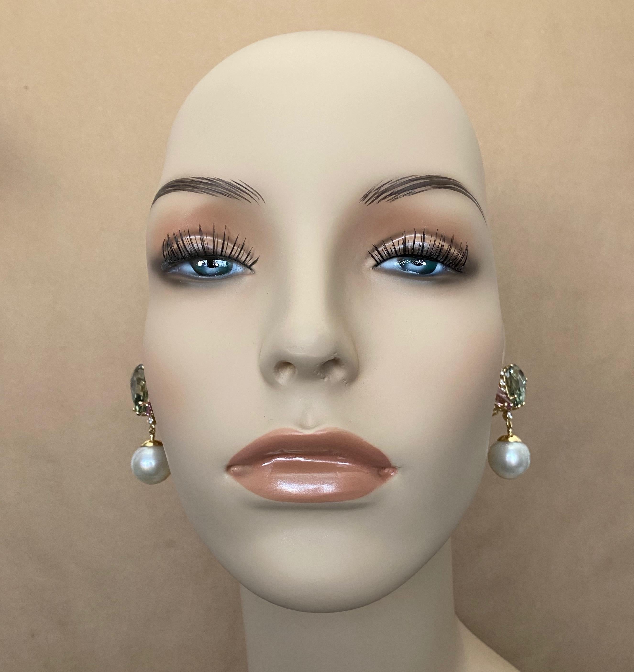 Michael Kneebone Kunzite Hiddenite Diamond South Seas Pearl Dangle Earrings In New Condition In Austin, TX