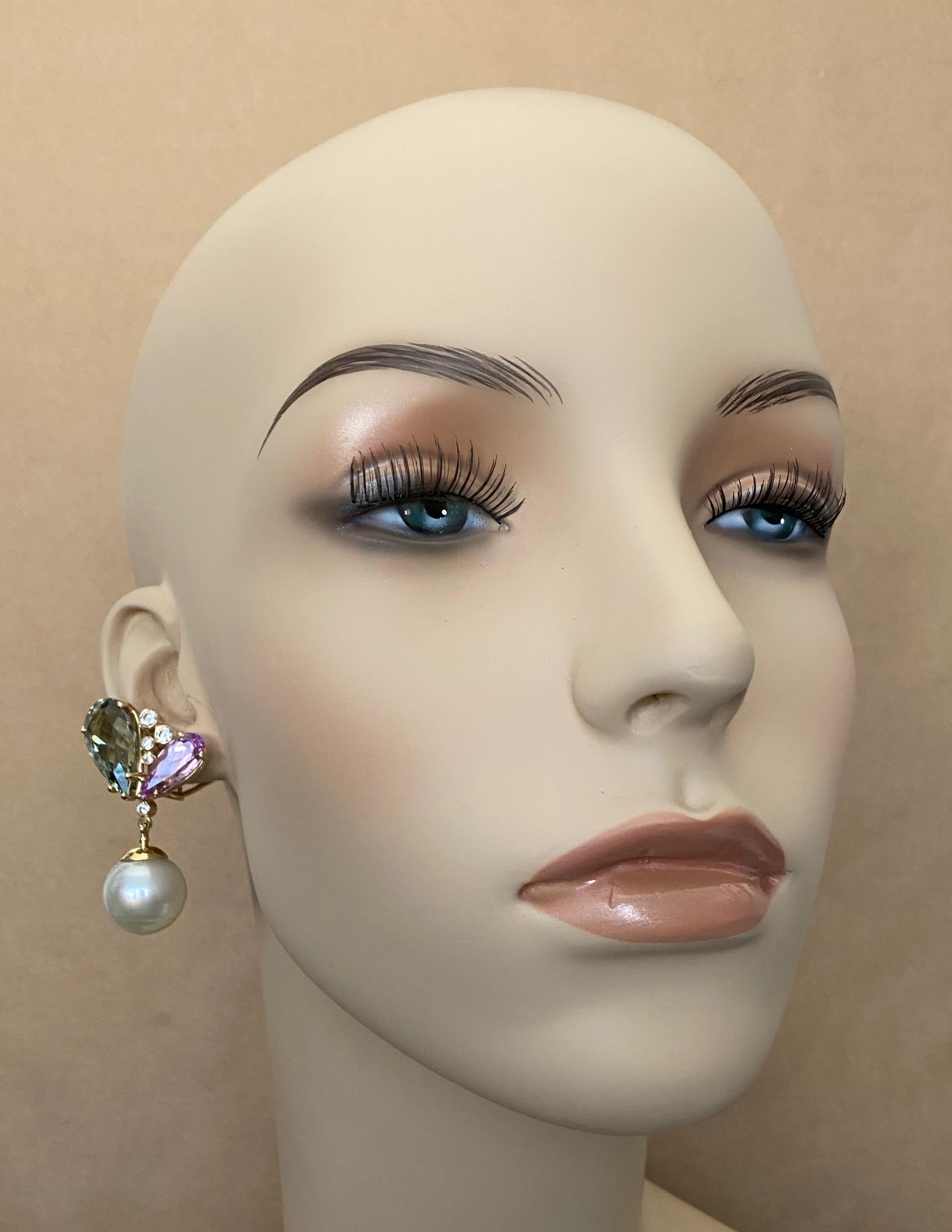Michael Kneebone Kunzite Hiddenite Diamond South Seas Pearl Dangle Earrings 1