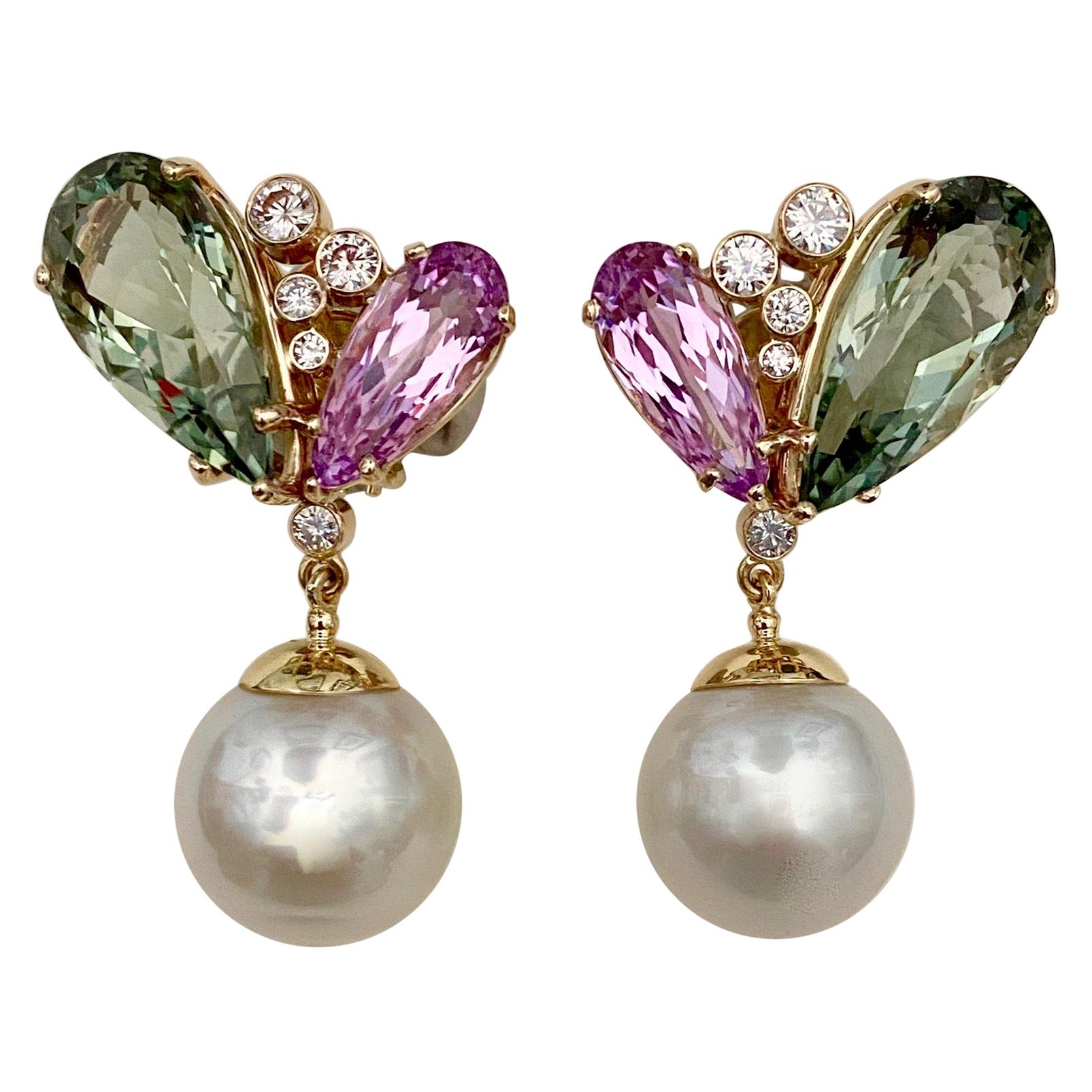 Michael Kneebone Kunzite Hiddenite Diamond South Seas Pearl Dangle Earrings