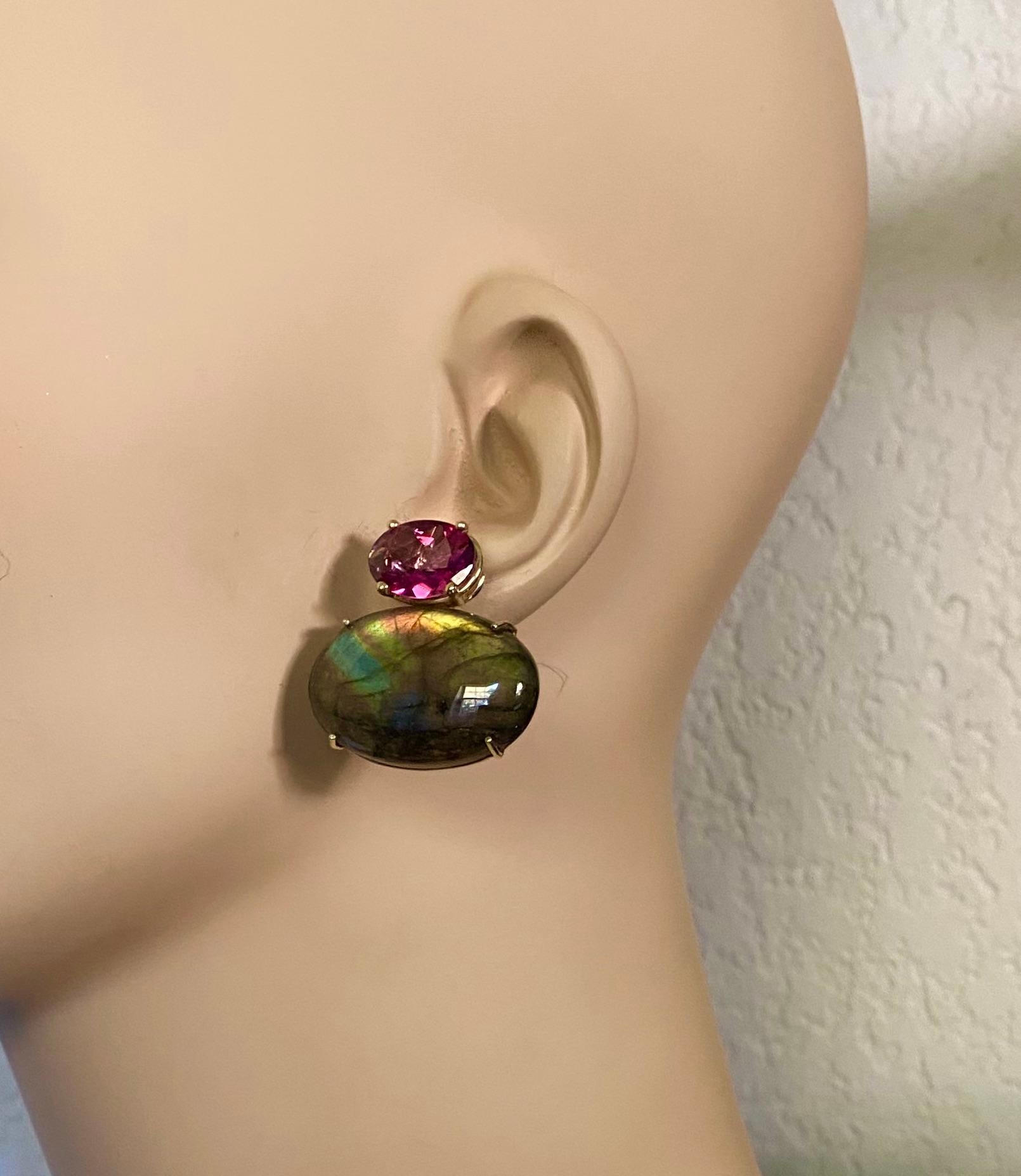 Michael Kneebone Labradorite Pink Topaz Due Gemma Drop Earrings For Sale 4