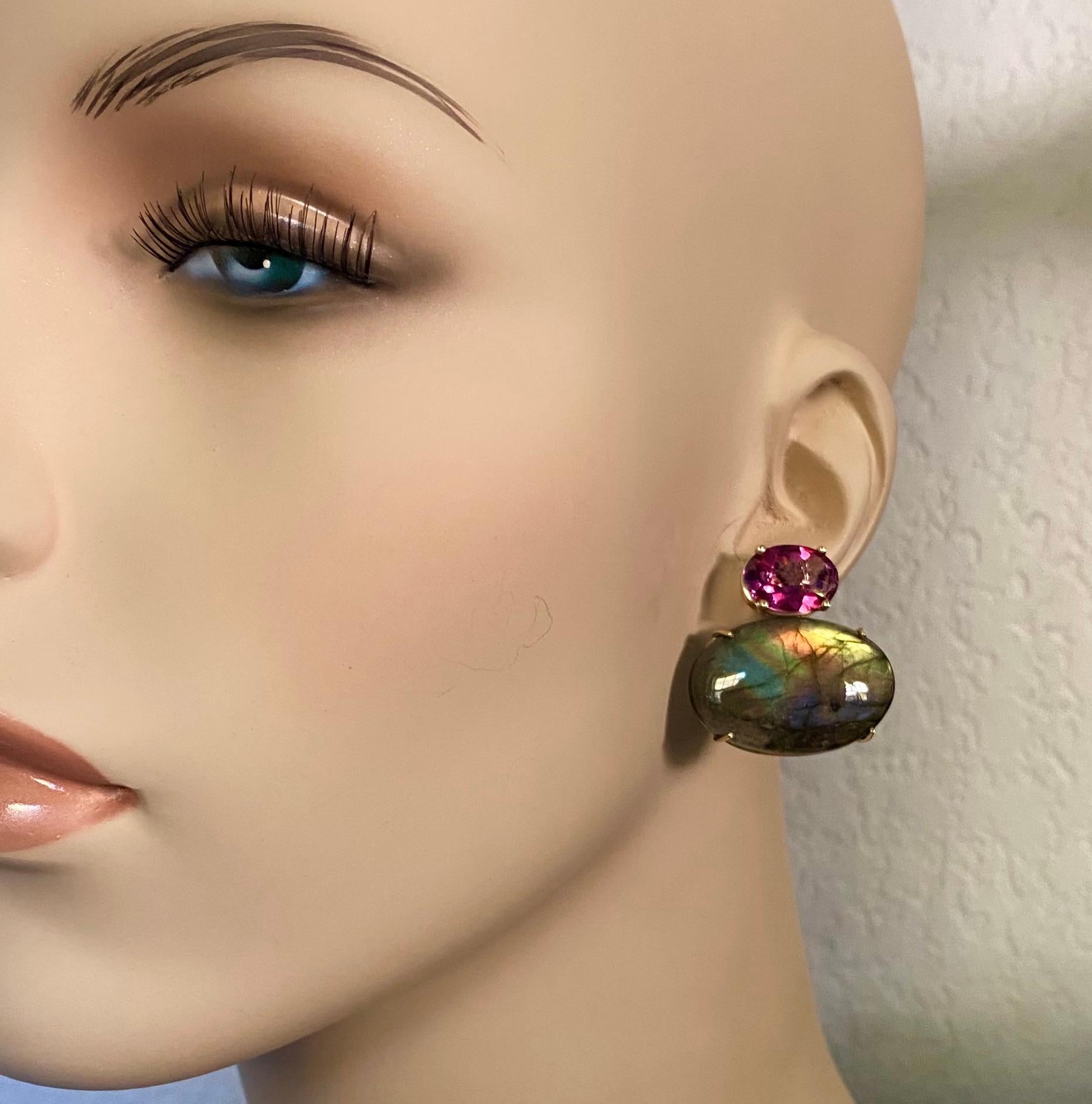 Mixed Cut Michael Kneebone Labradorite Pink Topaz Due Gemma Drop Earrings For Sale