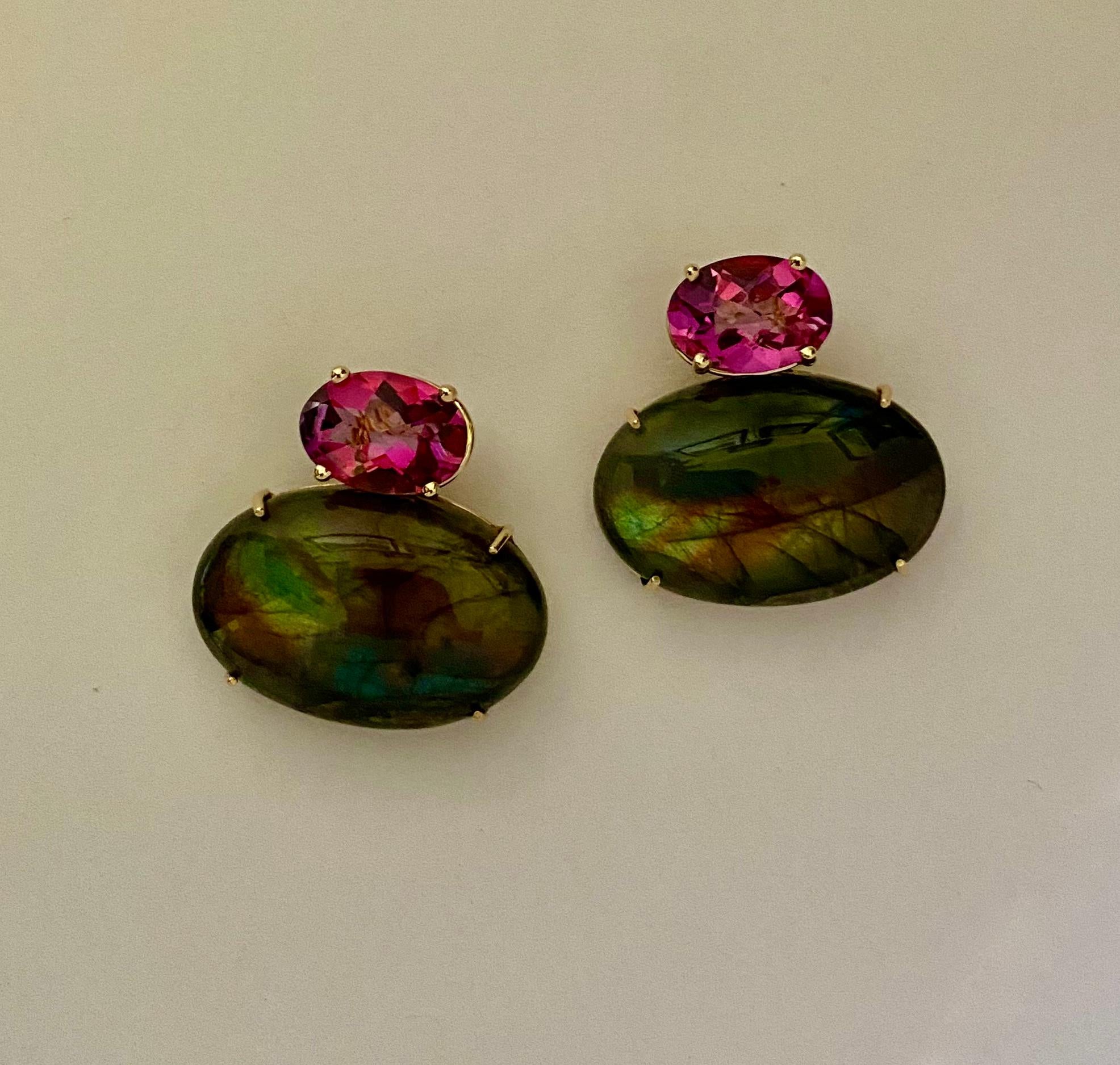 Michael Kneebone Labradorite Pink Topaz Due Gemma Drop Earrings In New Condition For Sale In Austin, TX