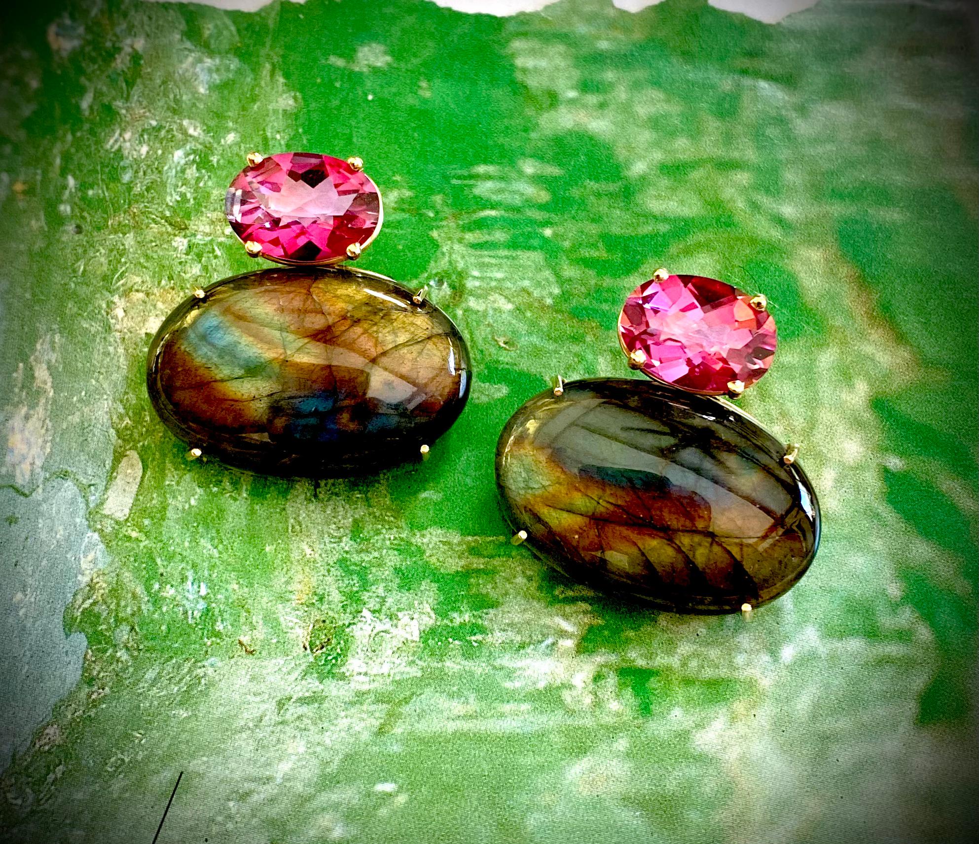 Michael Kneebone Labradorite Pink Topaz Due Gemma Drop Earrings For Sale 1